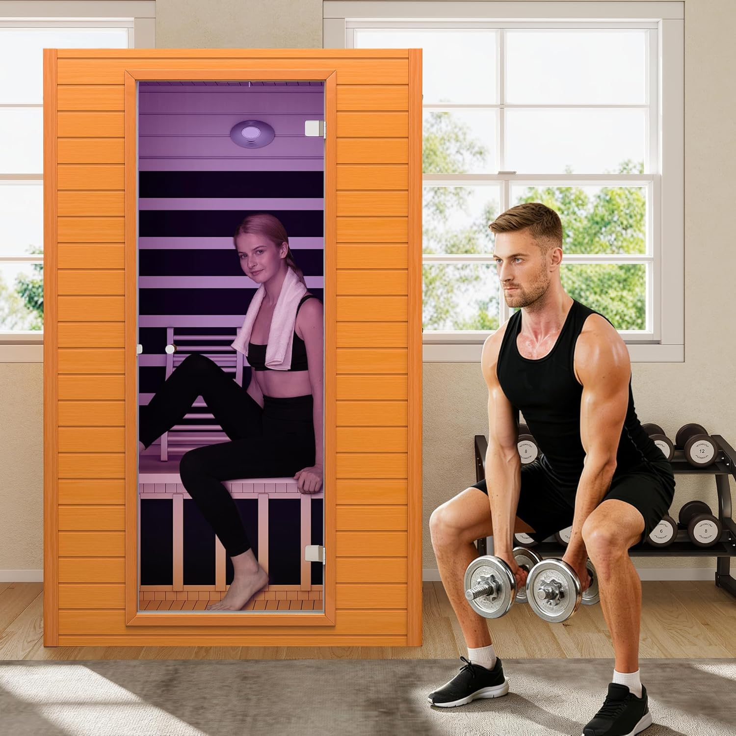 Infrared Sauna Room for Home, Near Zero EMF Wooden 2 Person Indoor Infrared Sauna at Home with Bluetooth, LCD Control Panel, Chromo Therapy Light