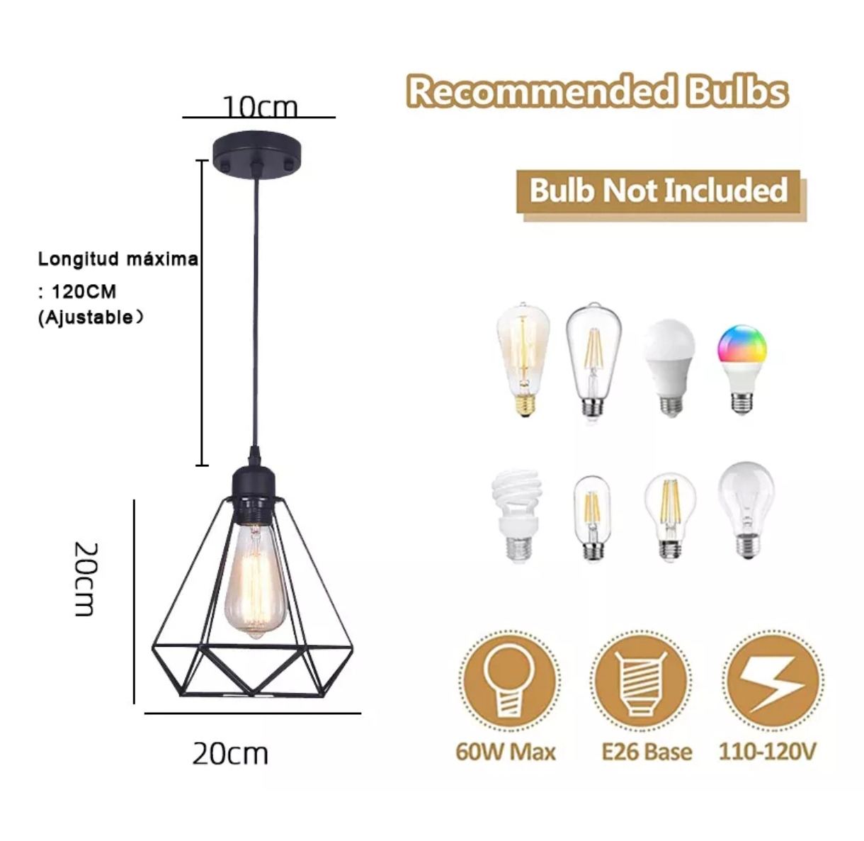 Lampara Diamante Vintage Retro Minimalista Colgante Negro