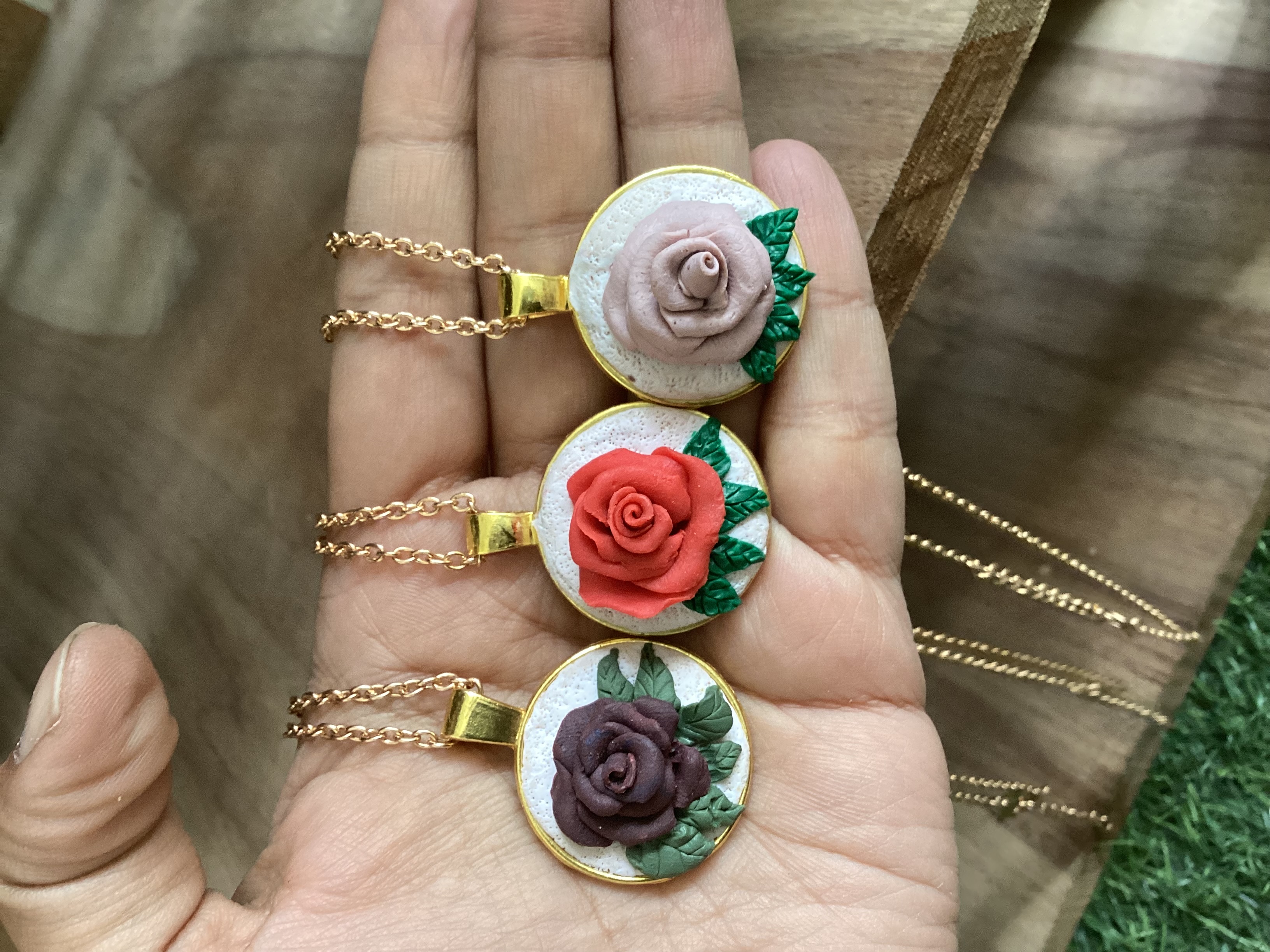 Single Rose Clay Pendant Necklace