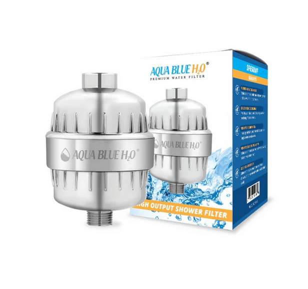 Aqua Blue H2O  High Output Shower Filter System With 12 Stage Cartridge Blue Box Version Chrome
