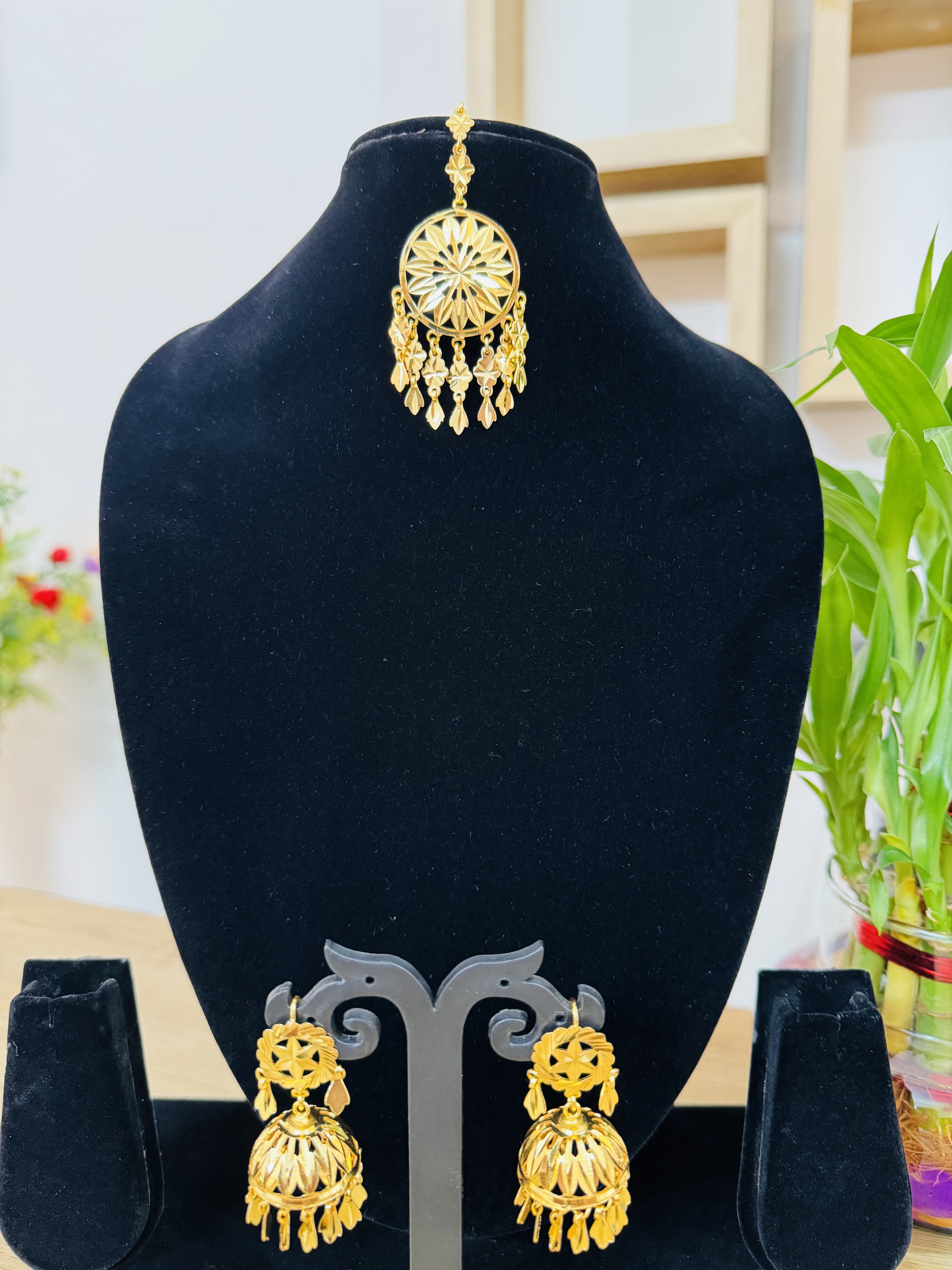 Gold Look Jhumki Earrings With Tikka