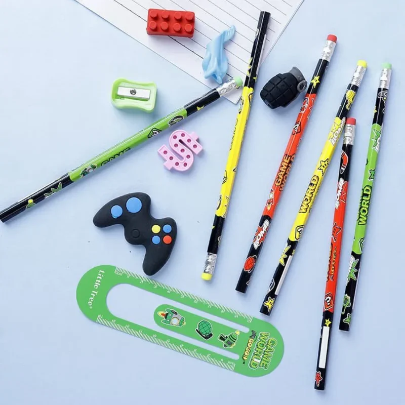 Game World 13-in-1 Pencil & Eraser Set for Kids – Fun Stationery Gift | Birthday Return Gift | Toymi