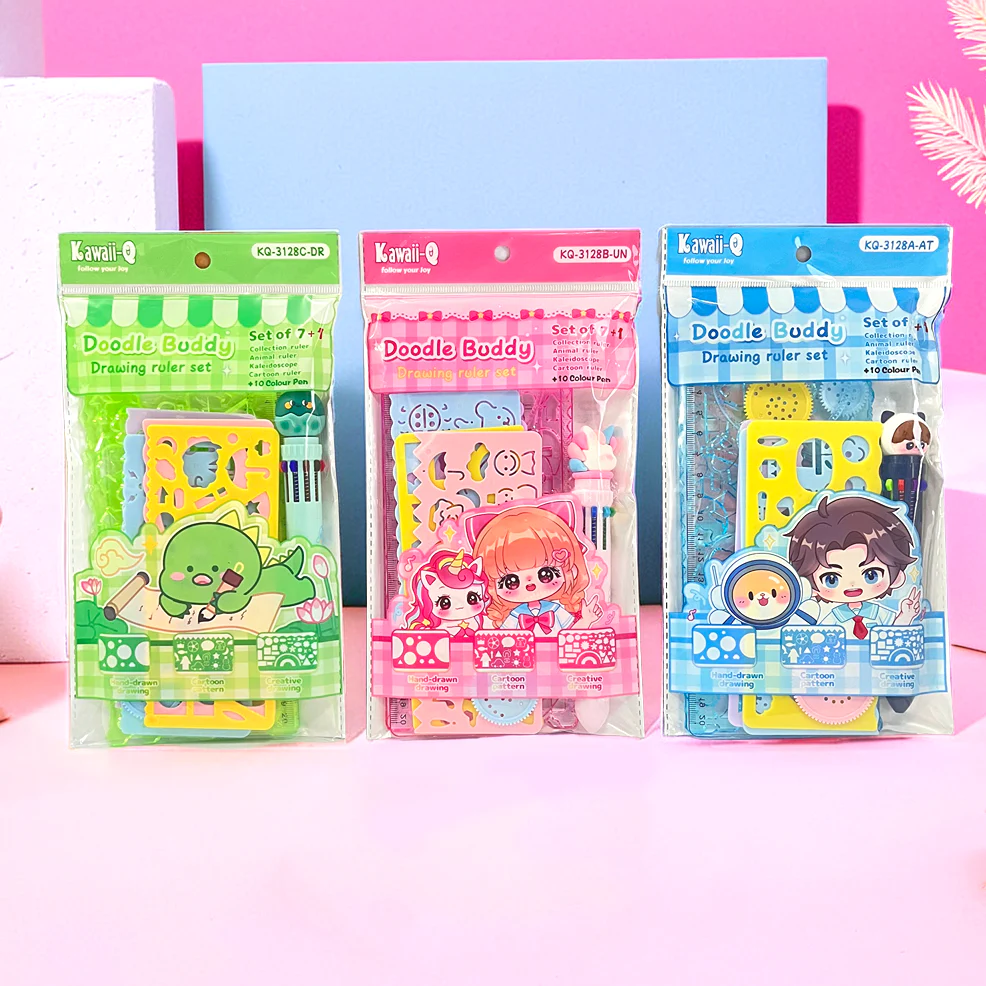 Kawaii Drawing Ruler Set (7+1 Pieces) for Kids – Cute Geometry & Stationery Kit | Birthday Return Gift | Toymi