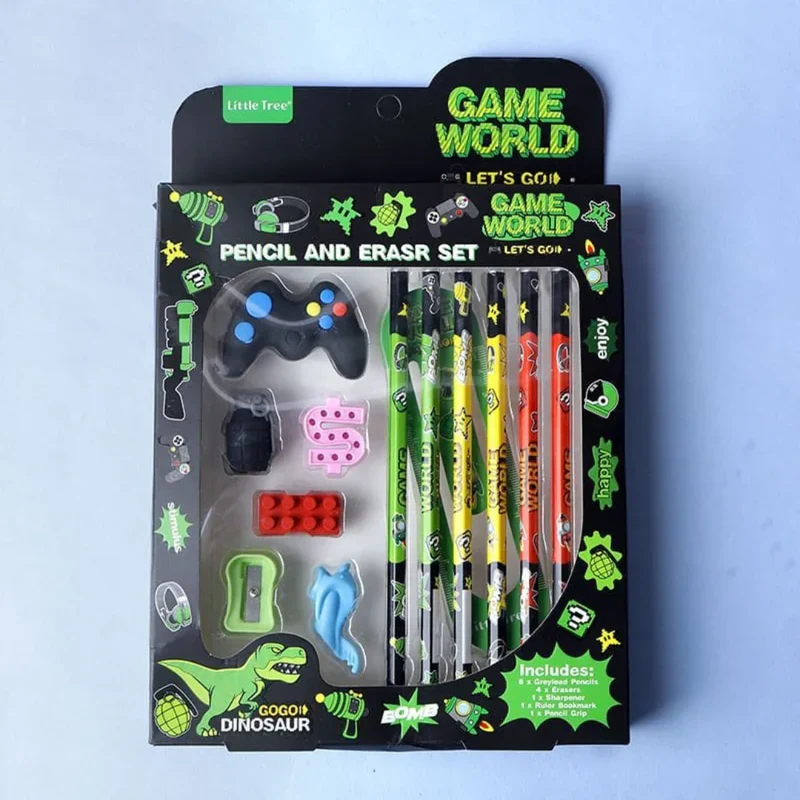 Game World 13-in-1 Pencil & Eraser Set for Kids – Fun Stationery Gift | Birthday Return Gift | Toymi