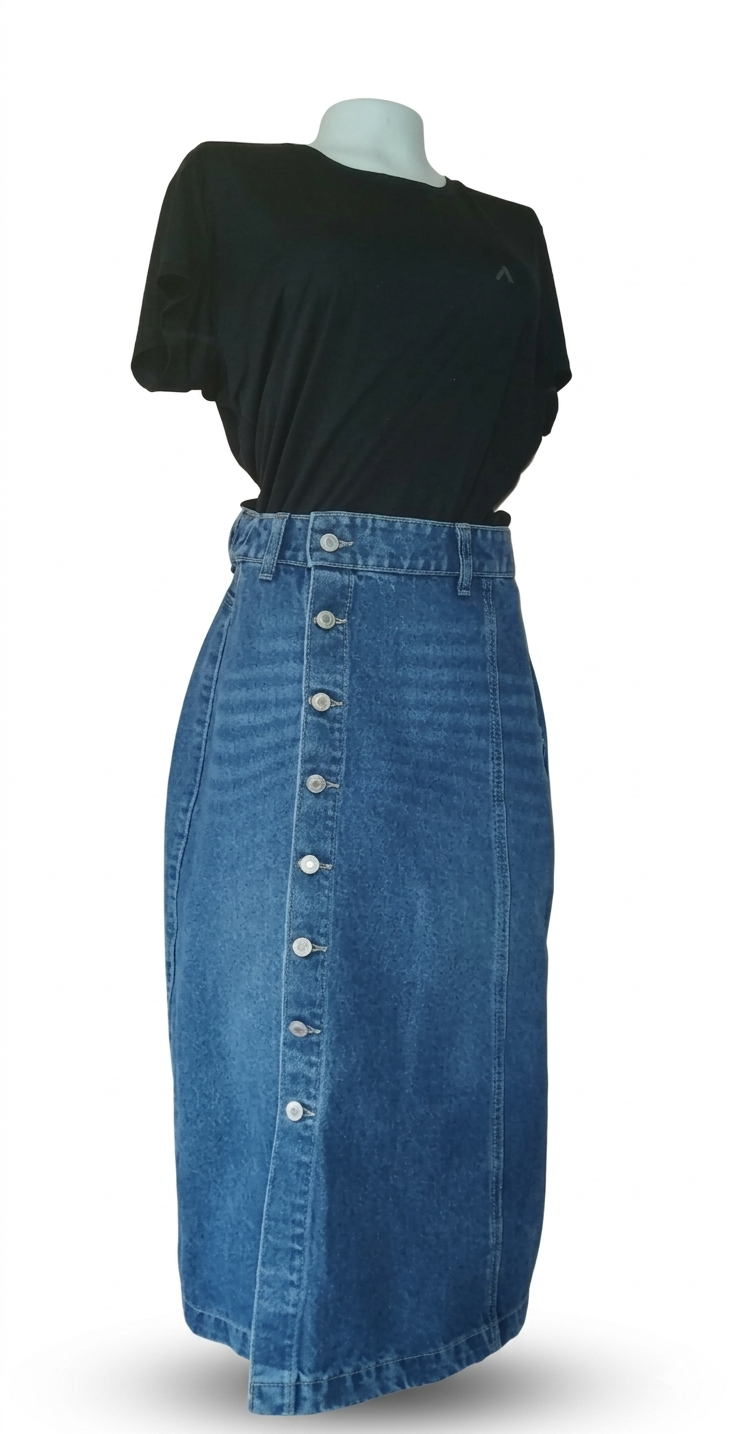 Falda midi azul oscuro de denim rigida