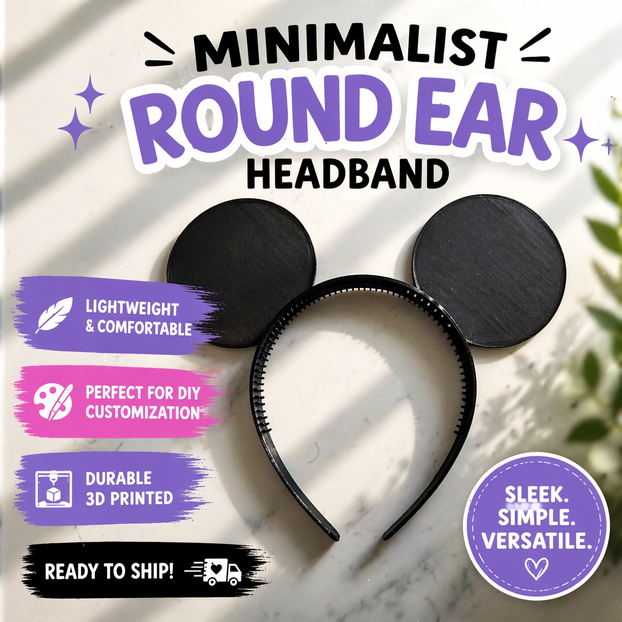 Minimalist Round Ear Headband | Lightweight 3D Printed Headband | DIY Customizable Ears | Costume & Festival Headwear