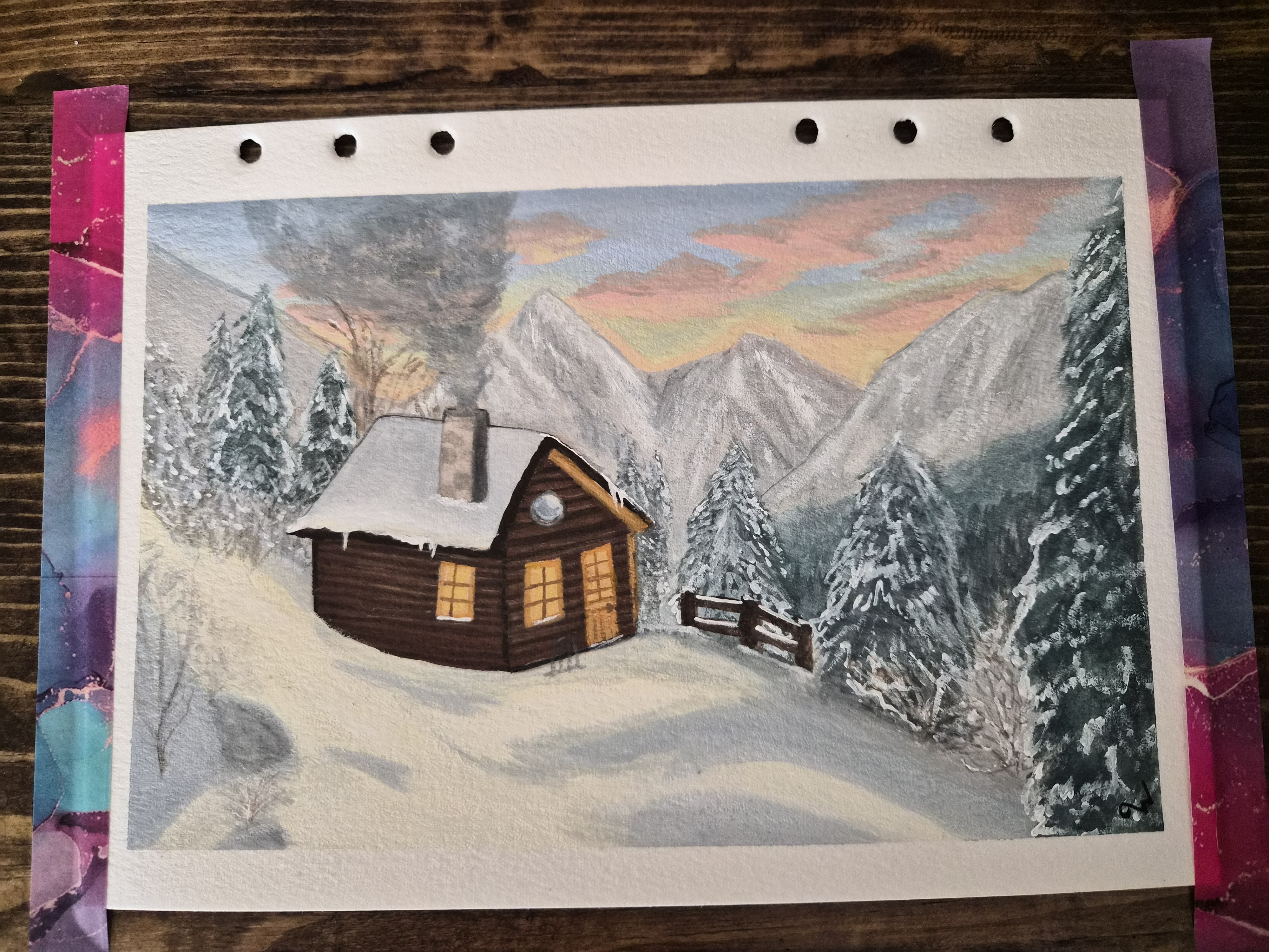 Snowy Mountain Cabin, Gouache