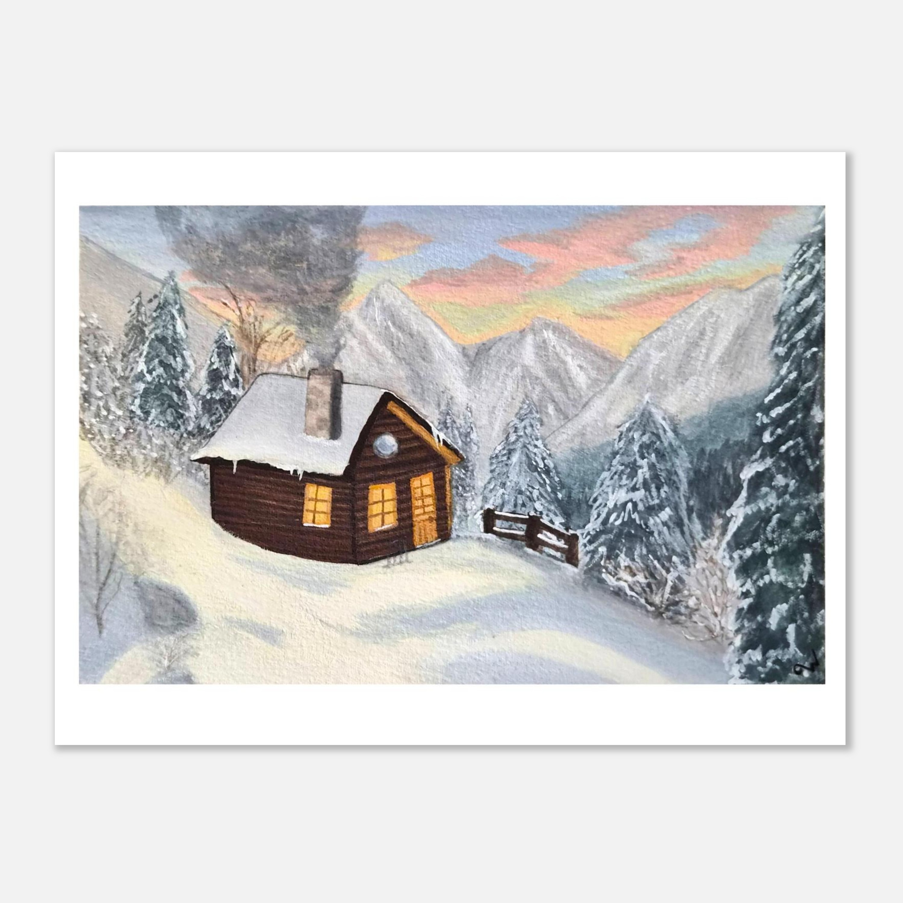 Snowy Mountain Cabin, Gouache