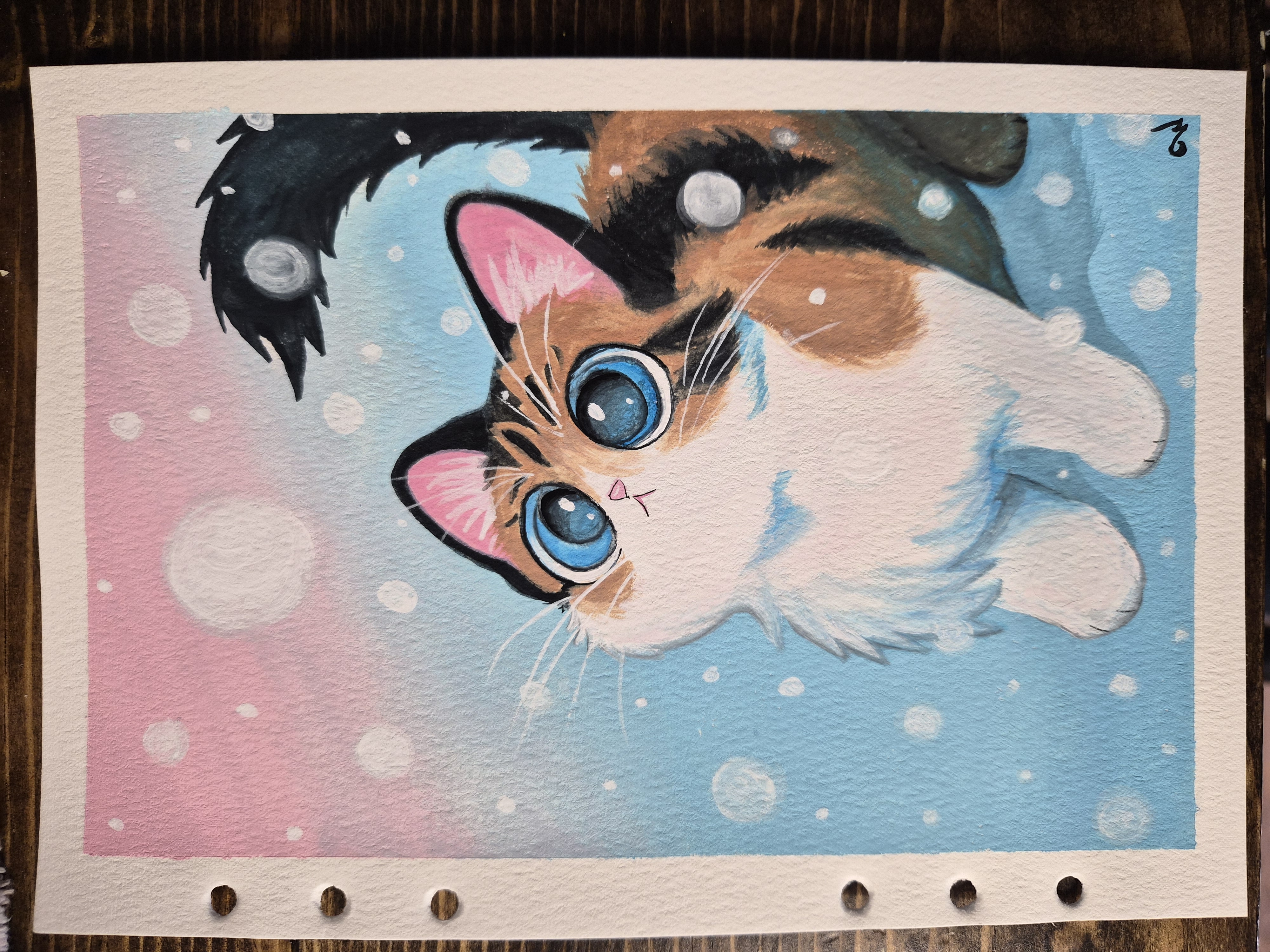 Fluffy Calico Kitten, Gouache