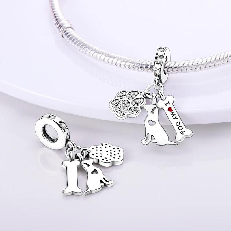 Charm Dije Hueso Huella Perro I Love My Dog En Plata 925