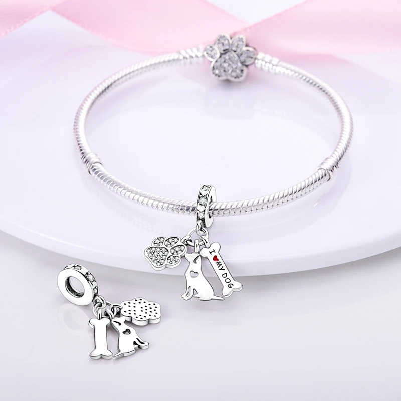 Charm Dije Hueso Huella Perro I Love My Dog En Plata 925