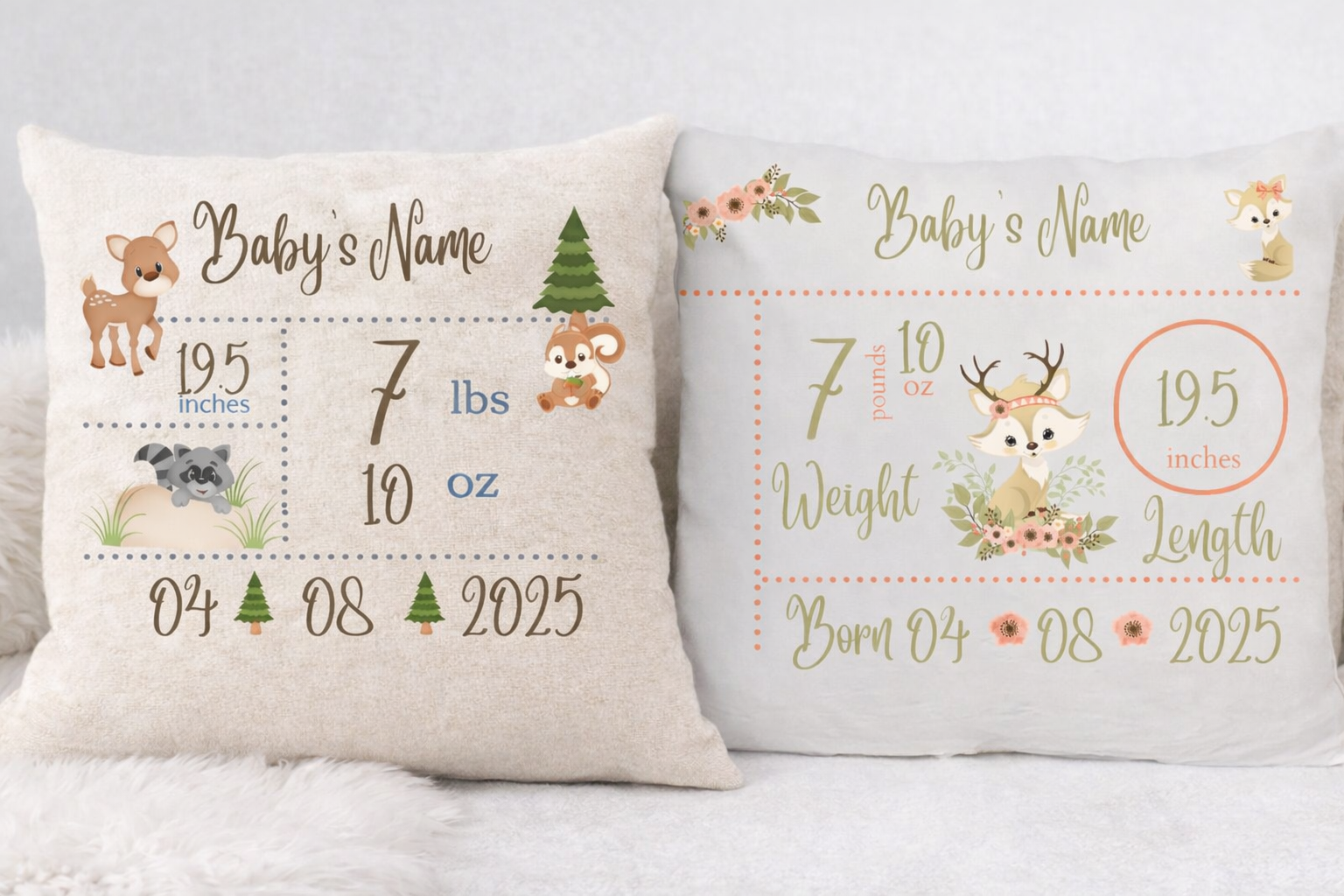 Personalized Woodland Baby Birth Pillow | Custom Deer Forest Nursery Pillow | Baby Stats Cushion | Boy or Girl Baby Gift
