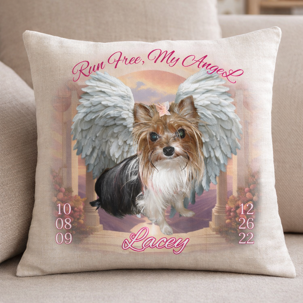 Dog Memorial Pillow Cover – “Run Free My Angel” – Custom Pet Loss Gift with Name & Dates - Heart or wings