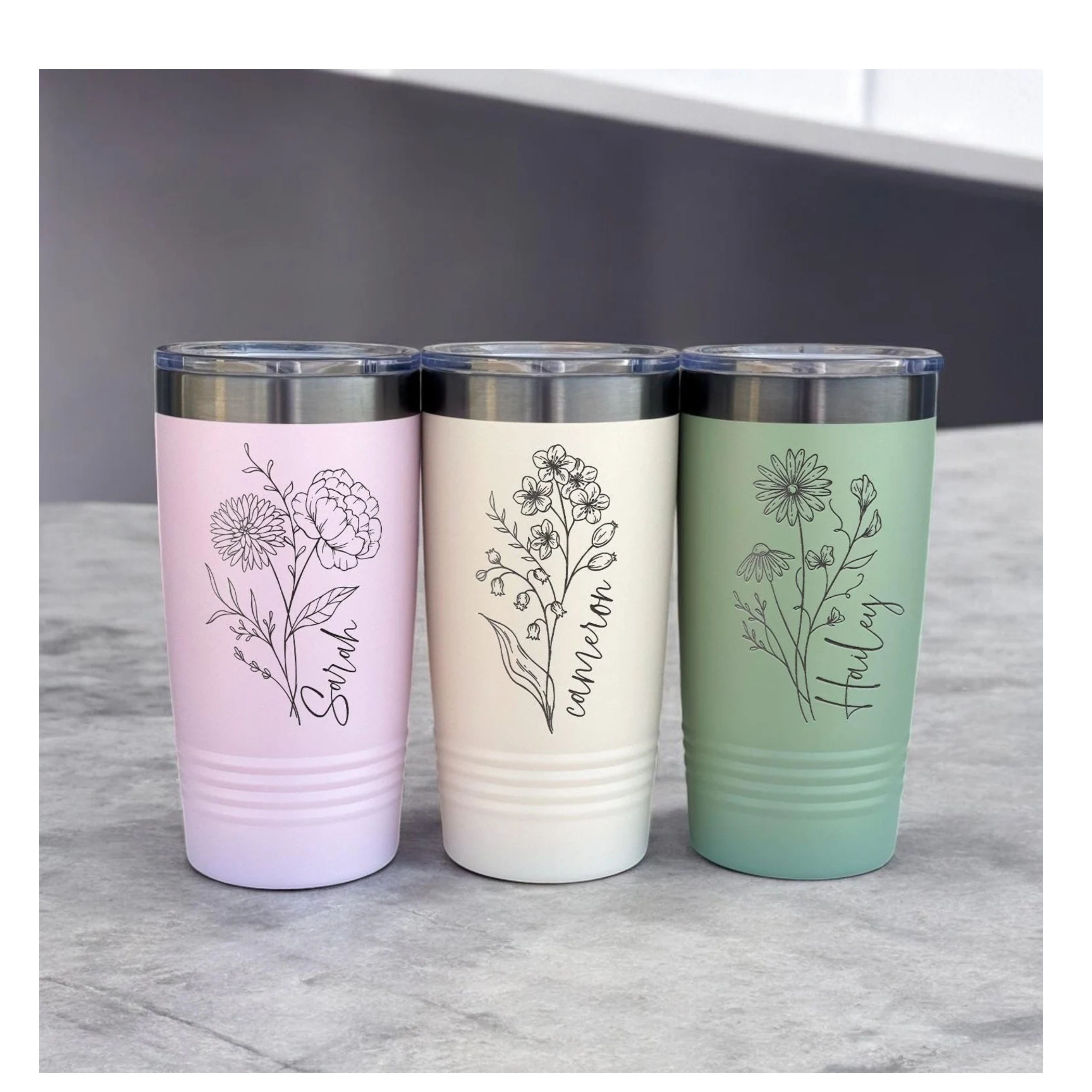 Great Mother's or Bridesmaid gift, Personalized 20 oz Polar Camel Stainless Steel Tumbler, Name and Birthflower