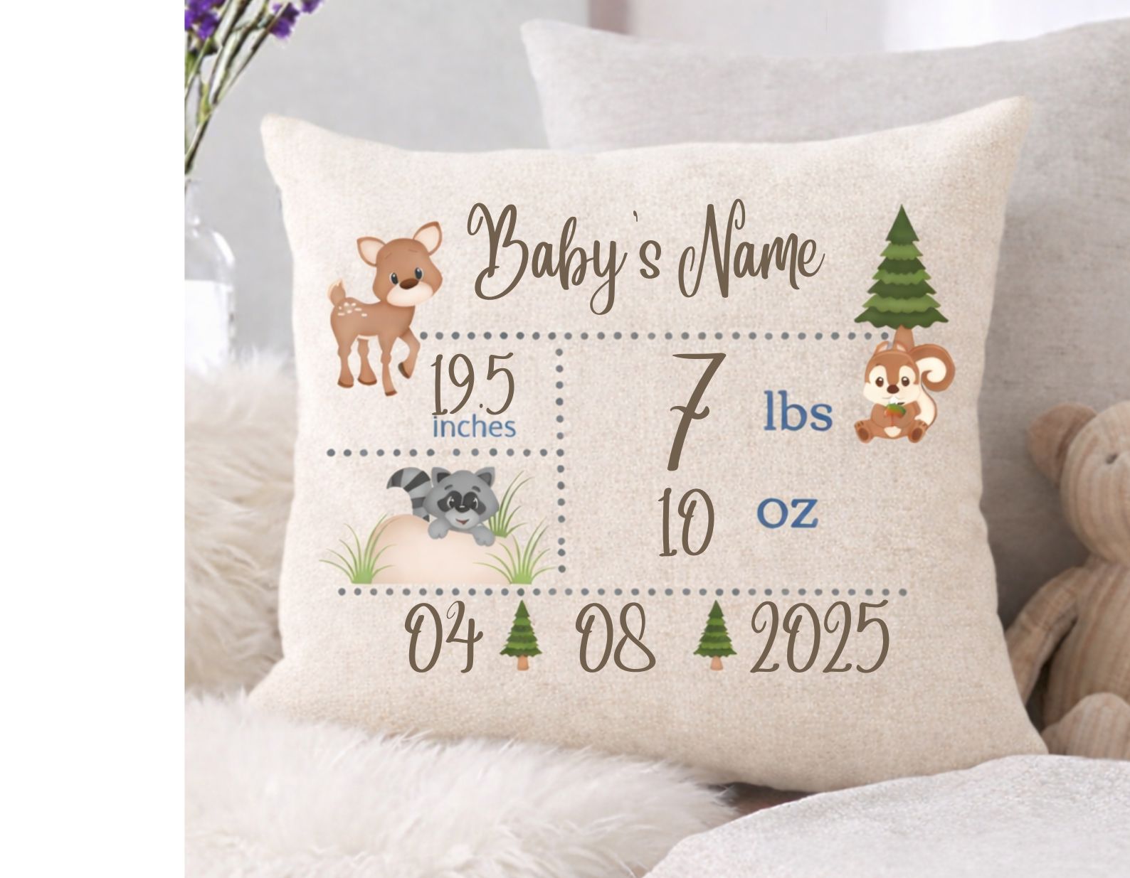 Personalized Woodland Baby Birth Pillow | Custom Deer Forest Nursery Pillow | Baby Stats Cushion | Boy or Girl Baby Gift