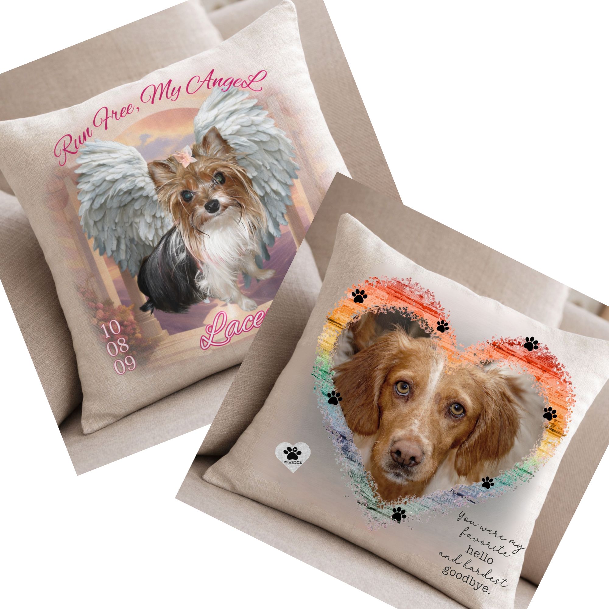 Dog Memorial Pillow Cover – “Run Free My Angel” – Custom Pet Loss Gift with Name & Dates - Heart or wings