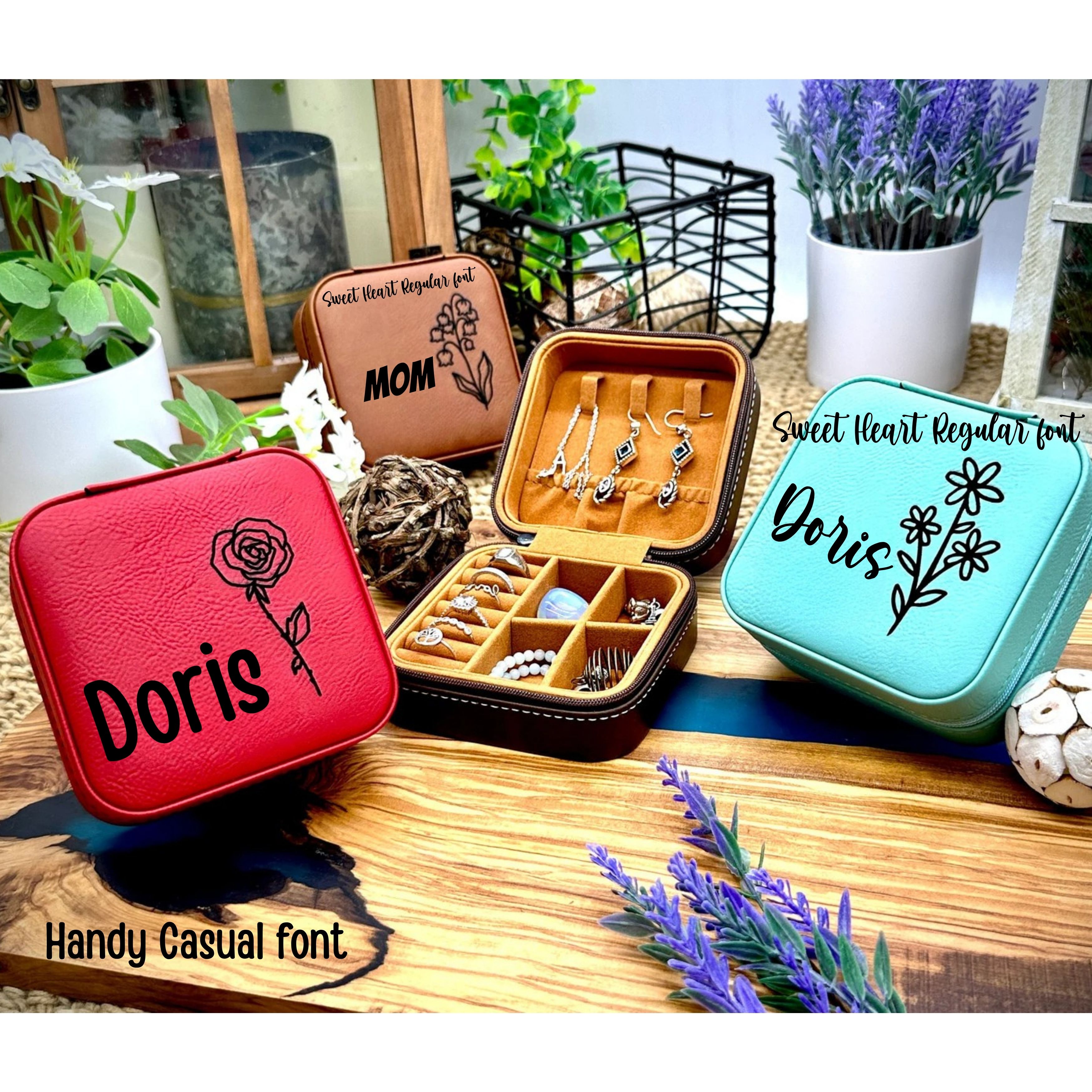  Personalized Jewelry Travel Case – Custom Birth Flower Jewelry Box, Bridesmaid Gift, Sturdy Leatheretta Organizer