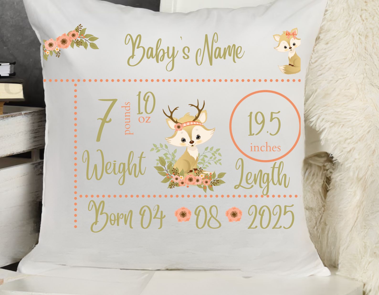 Personalized Woodland Baby Birth Pillow | Custom Deer Forest Nursery Pillow | Baby Stats Cushion | Boy or Girl Baby Gift