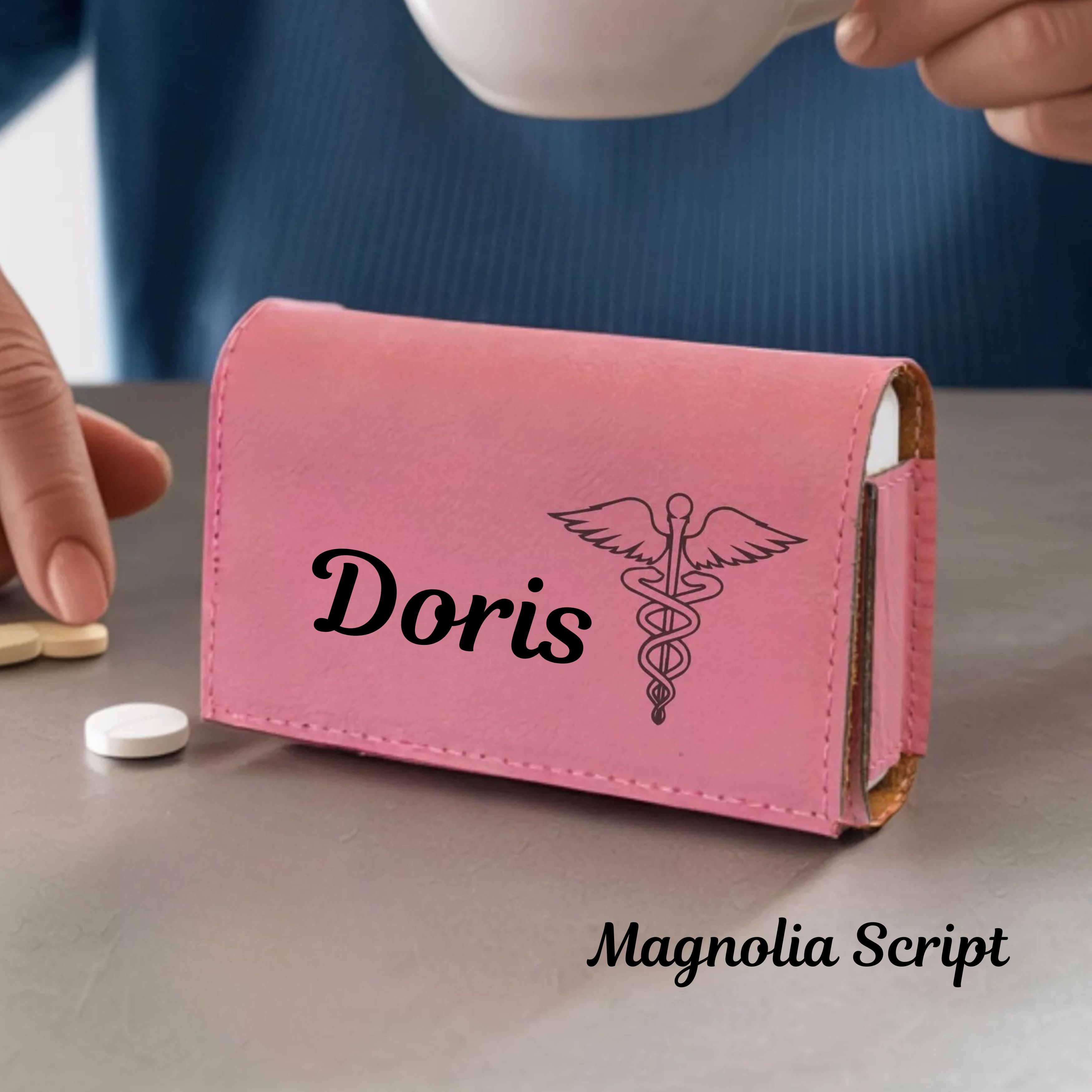 Personalized Weekly Pill Organizer, Travel Pill Box with Leatherette Case , 7 Day Medication Organizer, Custom Gift for Adults & Seniors