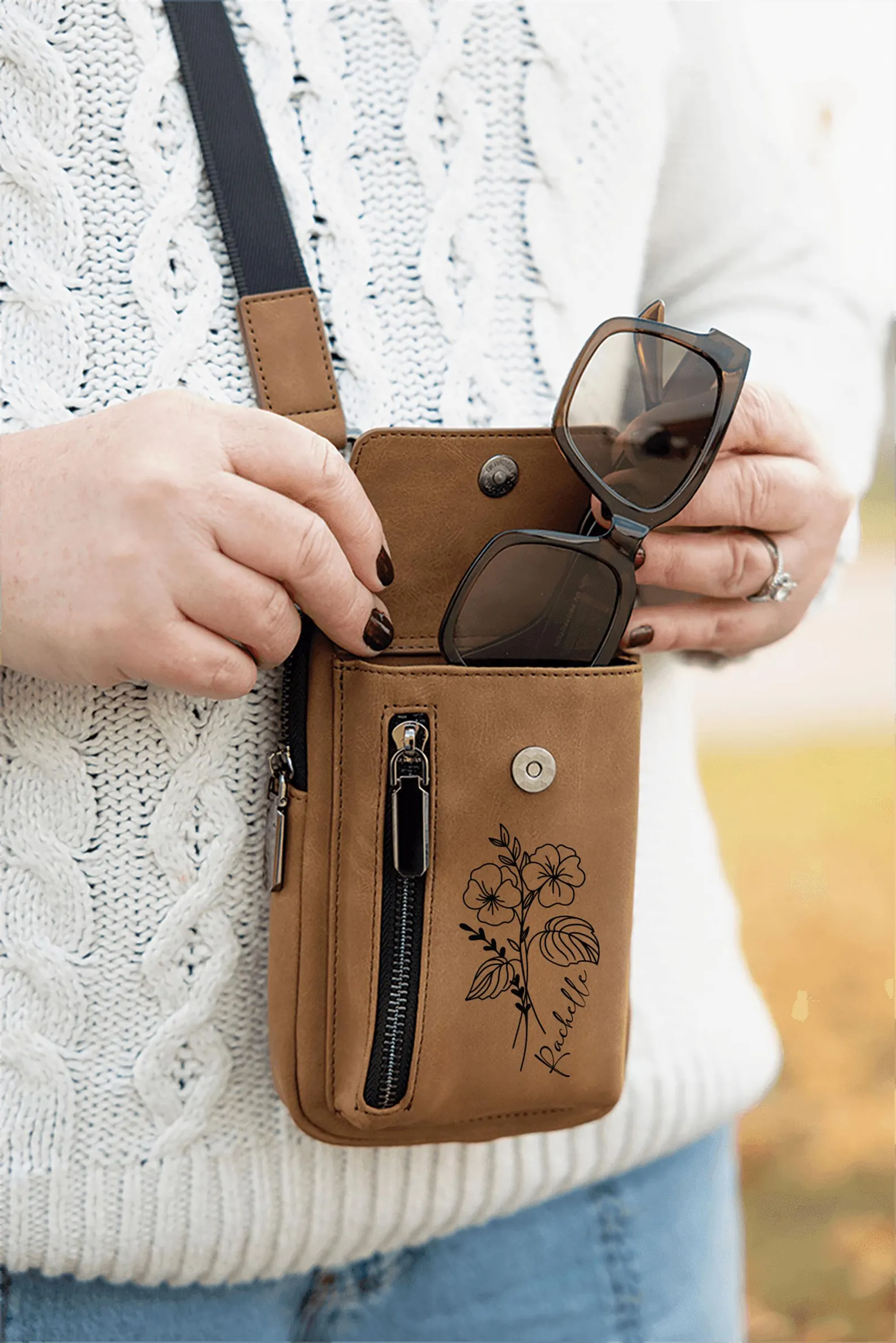 Personalized Urban Bag, Birth Flower Crossbody Bag, Custom Name Mini Shoulder Bag, Floral Gift for Her, Everyday Travel Purse