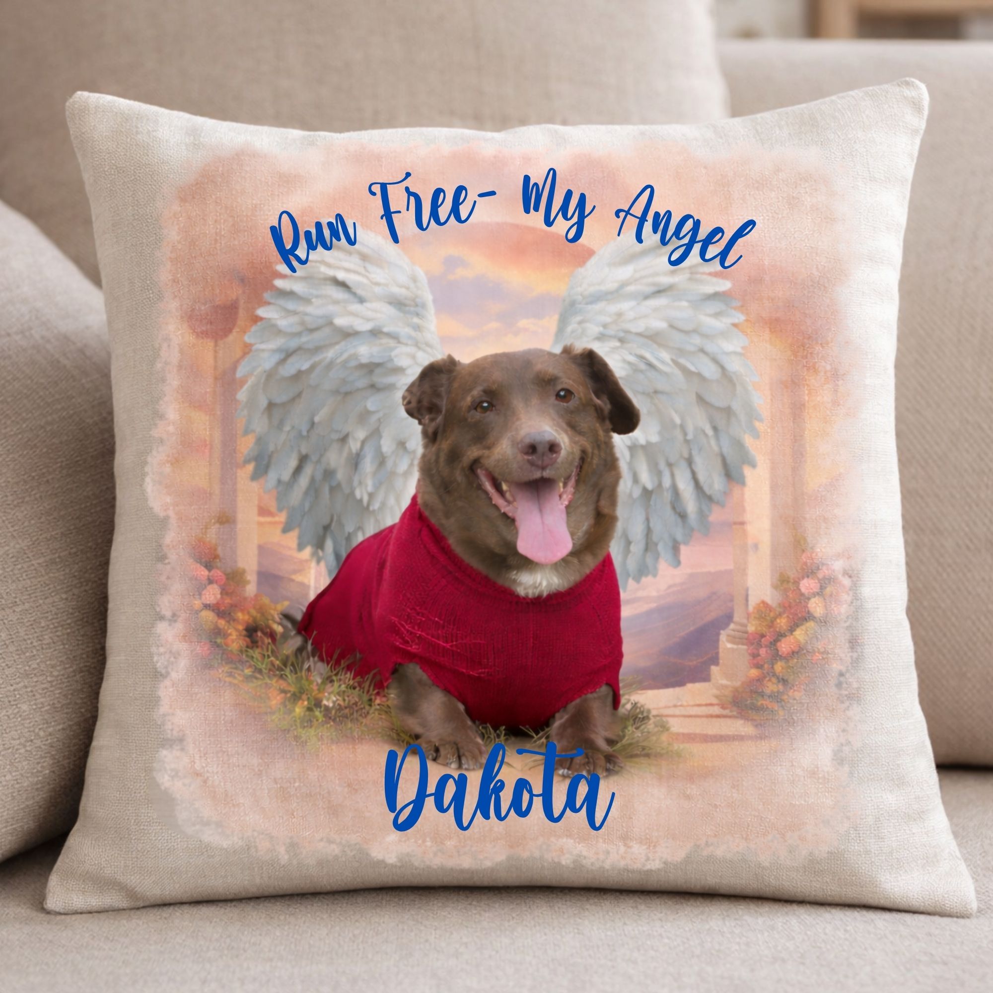 Dog Memorial Pillow Cover – “Run Free My Angel” – Custom Pet Loss Gift with Name & Dates - Heart or wings