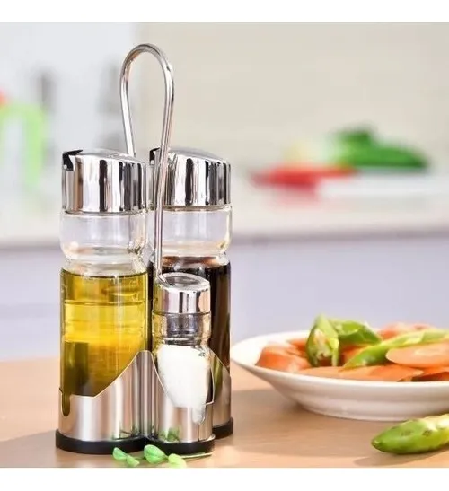 Galheteiro Saleiro De Vidro Com Suporte 4 Peças