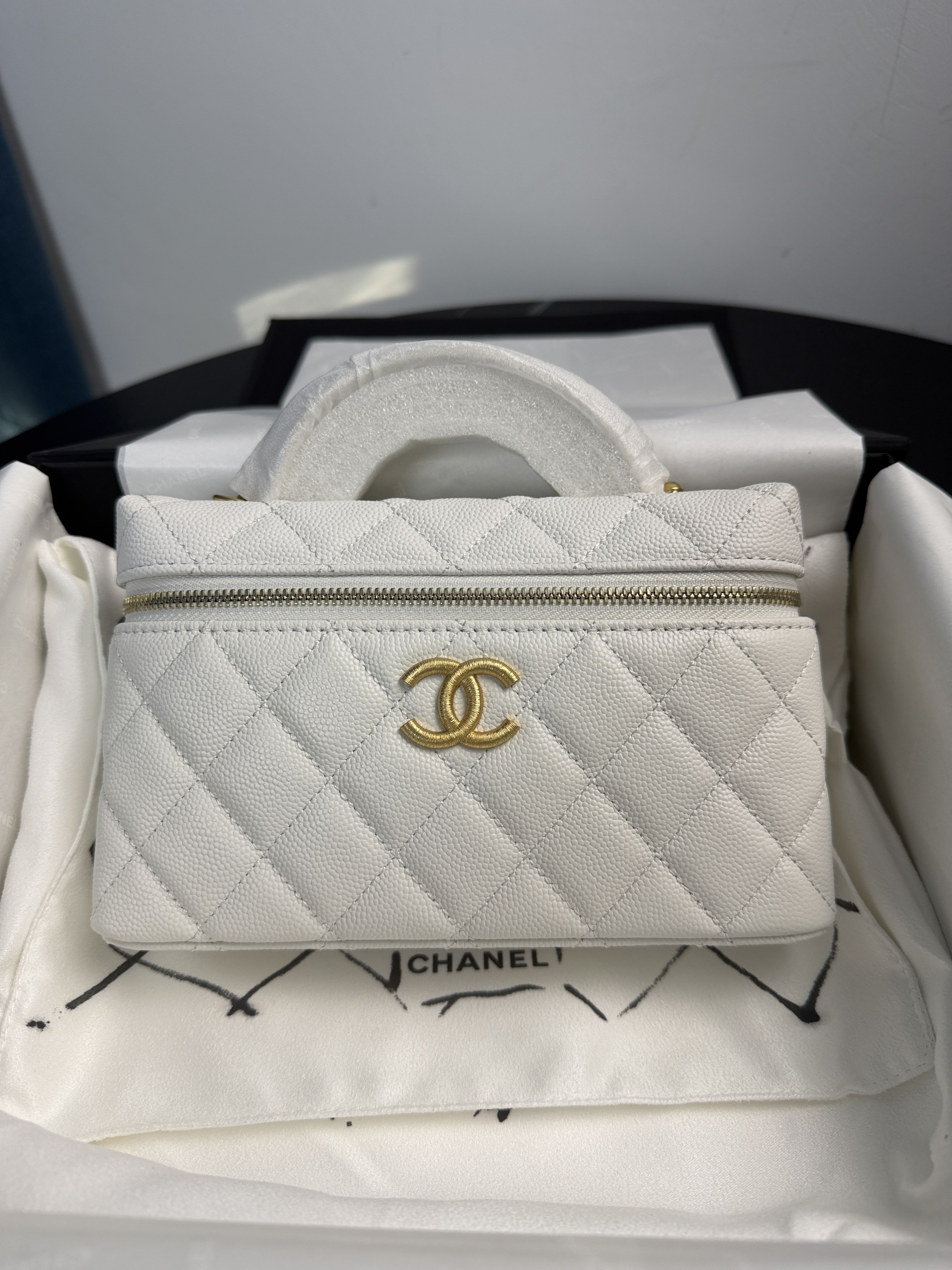 Chanel 26P Collection White Caviar Leather Long Box Bag