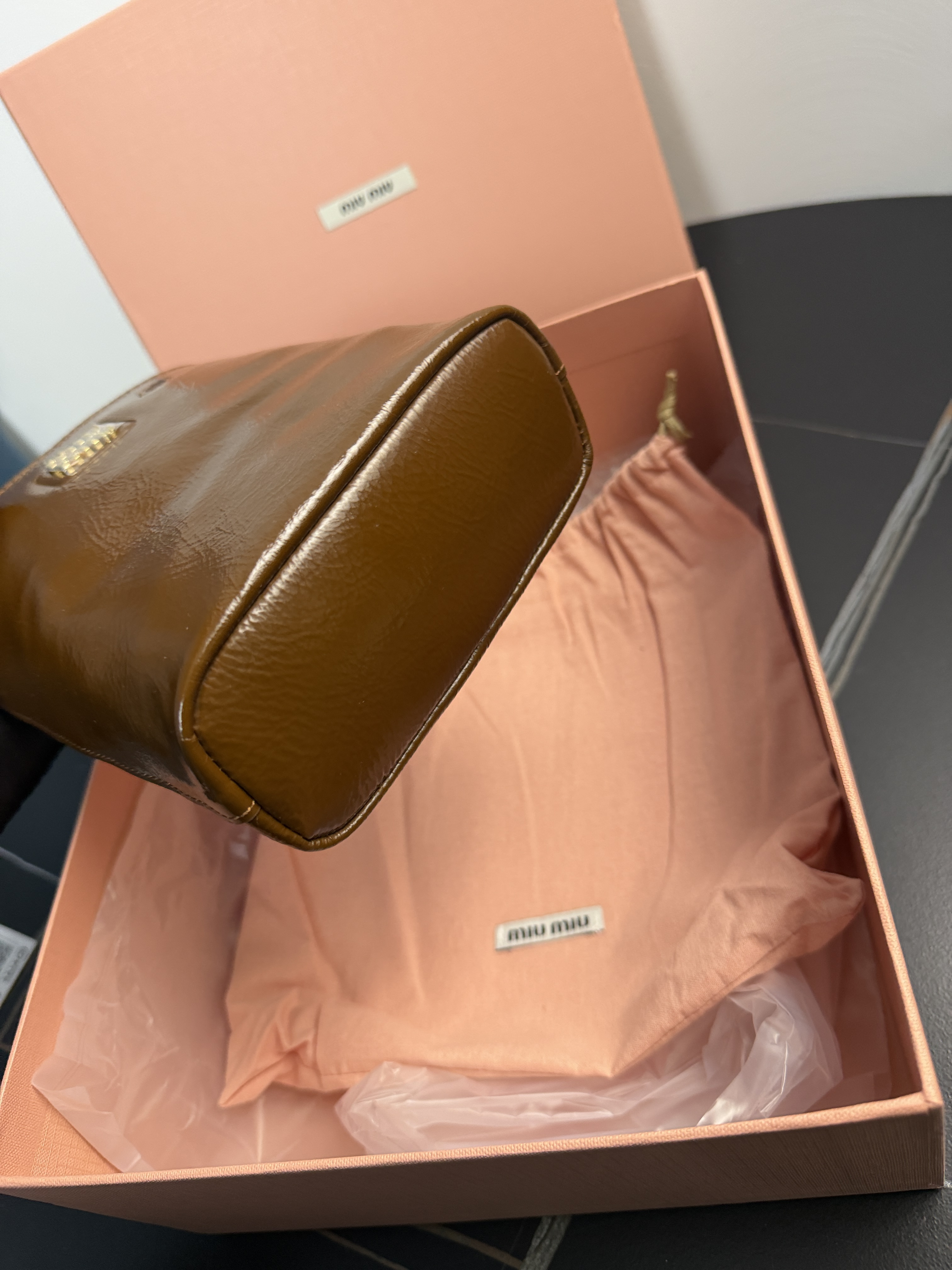 MIU MIU Nappa Bucket Logo Bag Brown