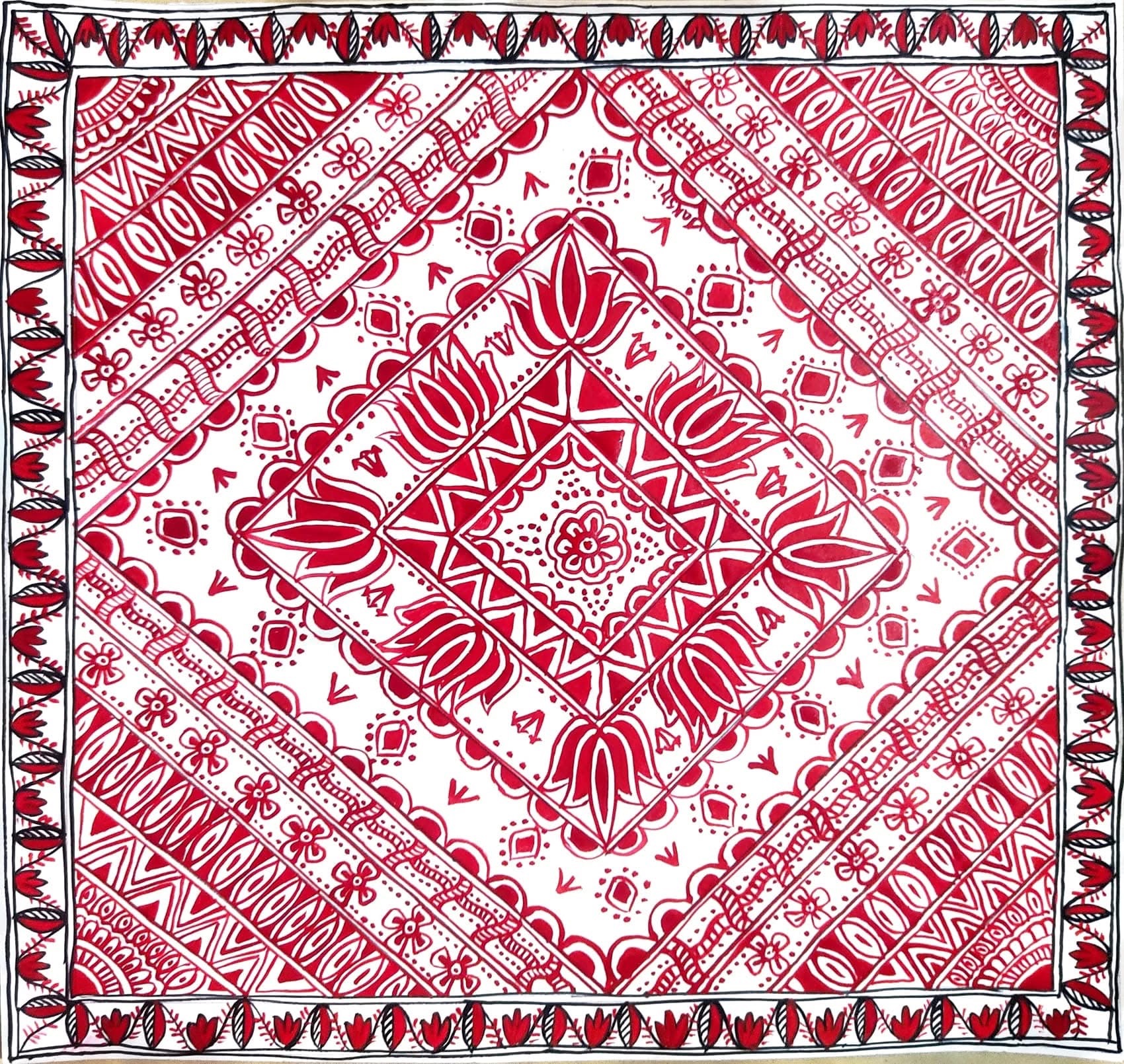 Red block colour mithila art