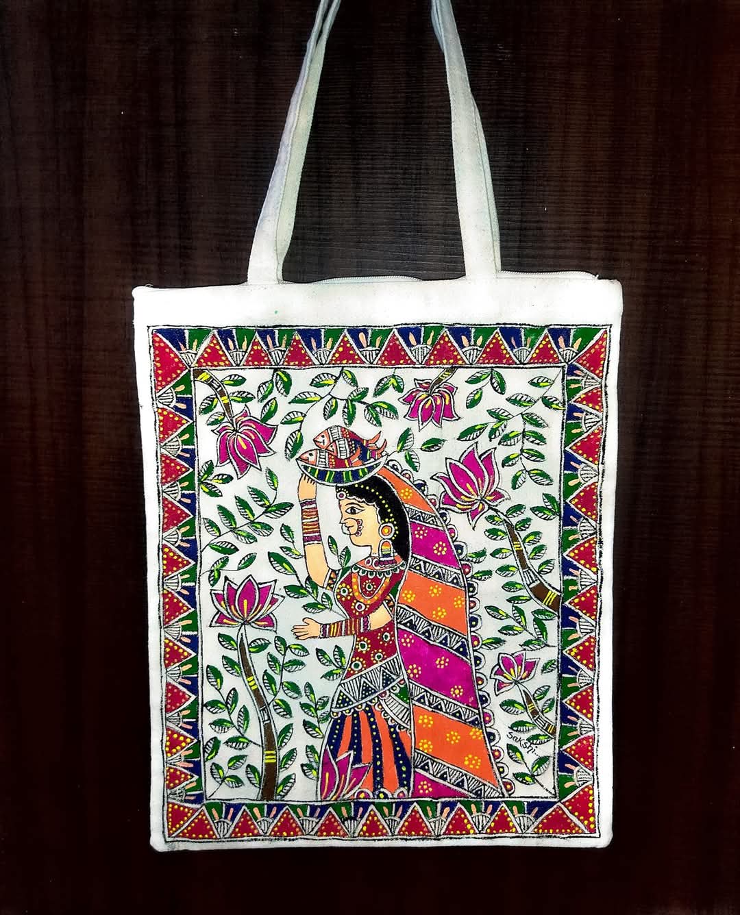 Vibrant Mithila Painting on Tote Bags