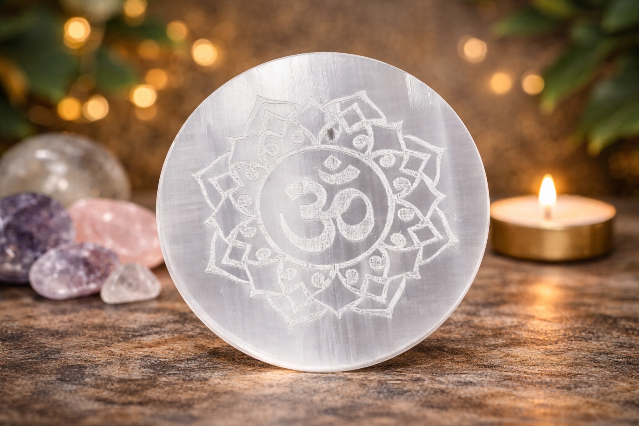 Round OM Selenite Charging Plate Spiritual Healing Tool