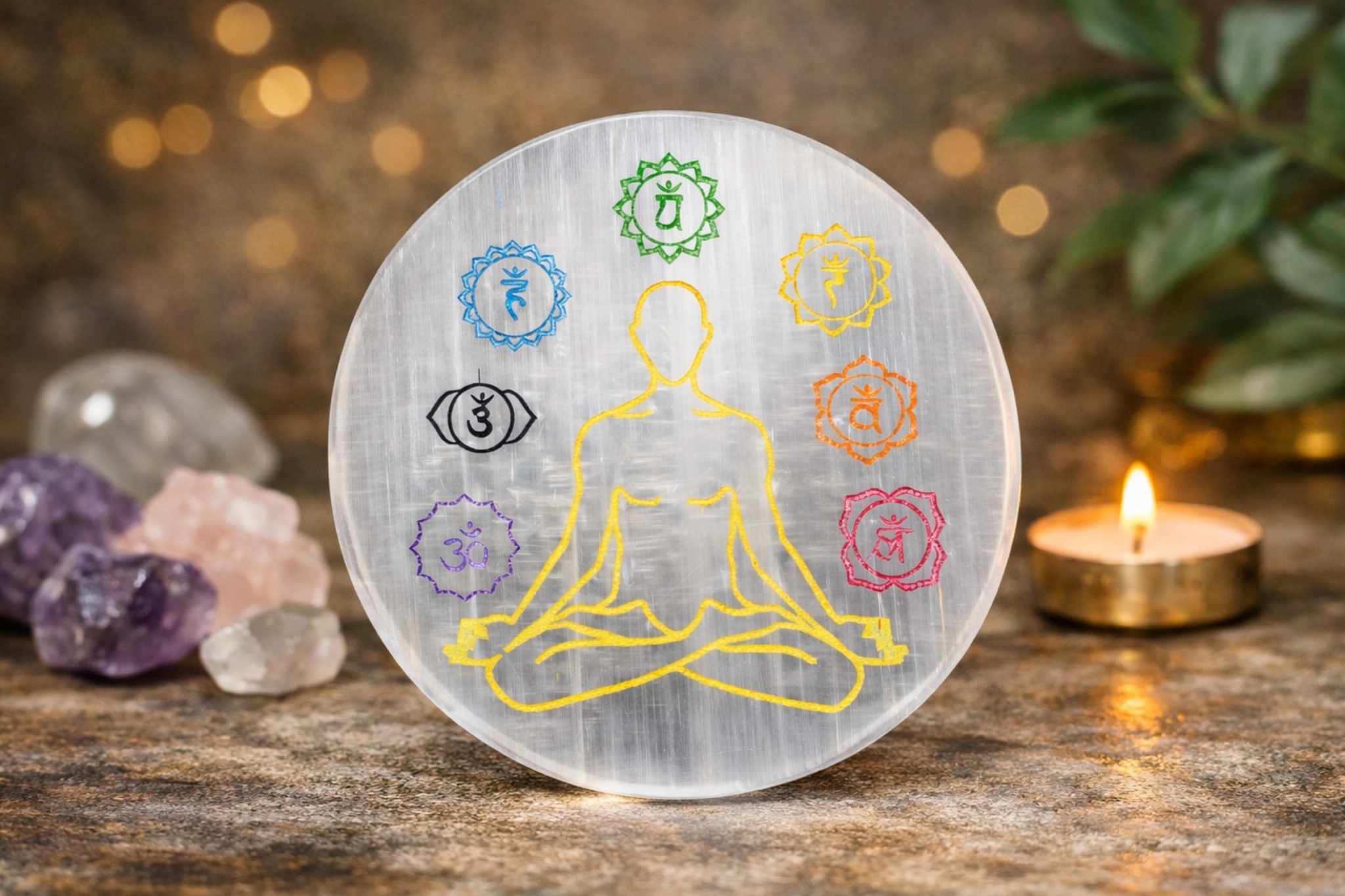 Round 7 Chakra Selenite Charging Plate Spiritual Healing Tool