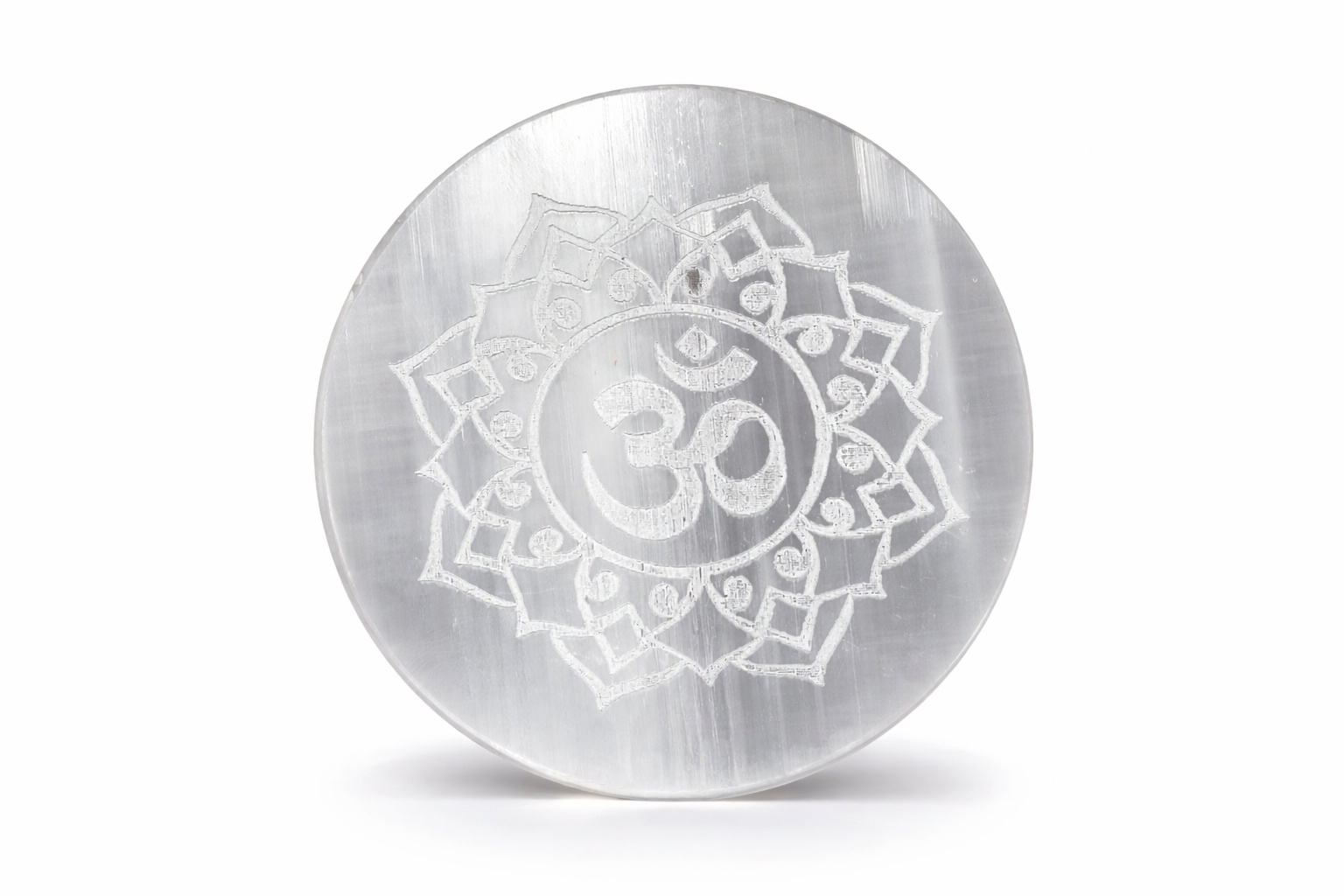 Round OM Selenite Charging Plate Spiritual Healing Tool