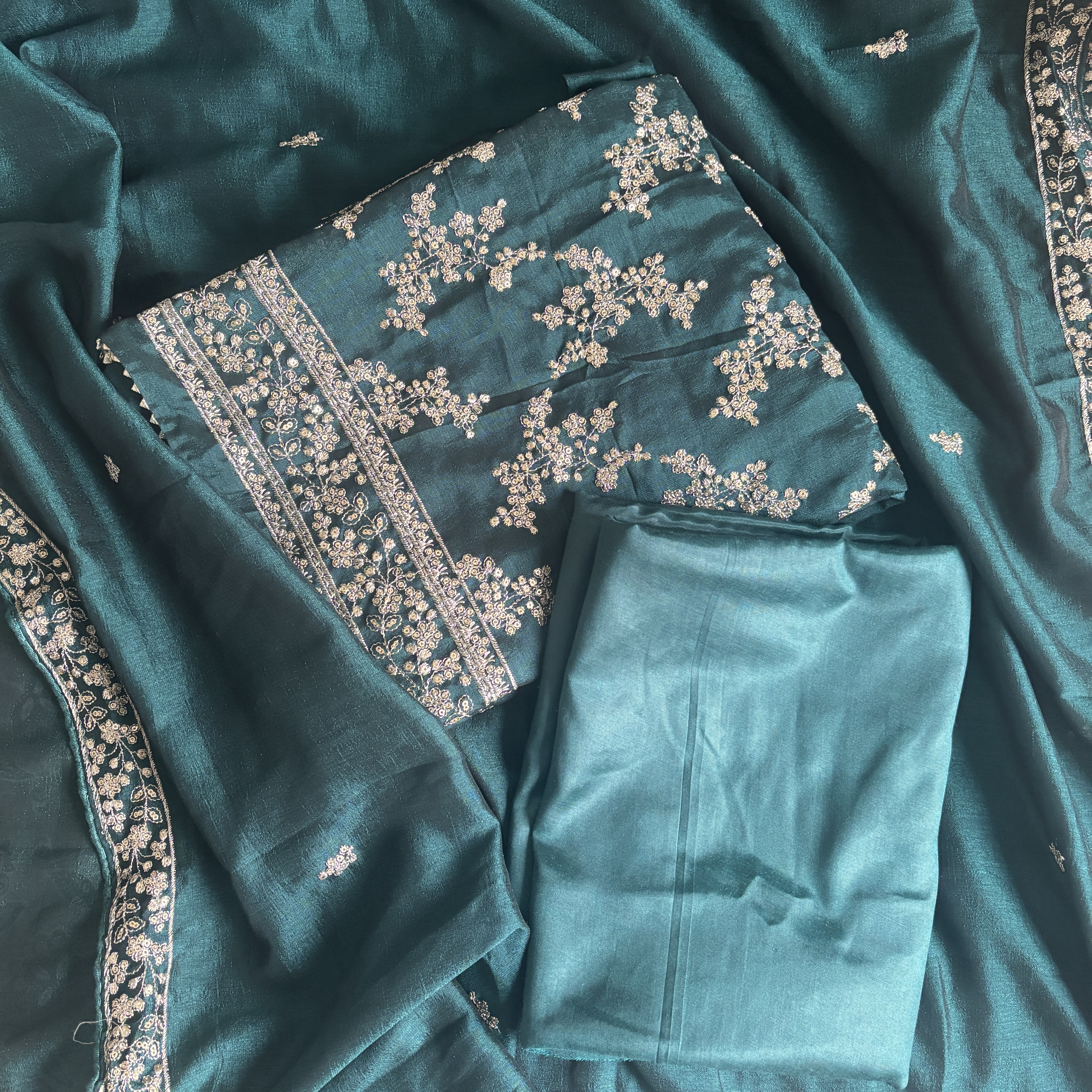 Teal Embroidered Chiffon Suit Set