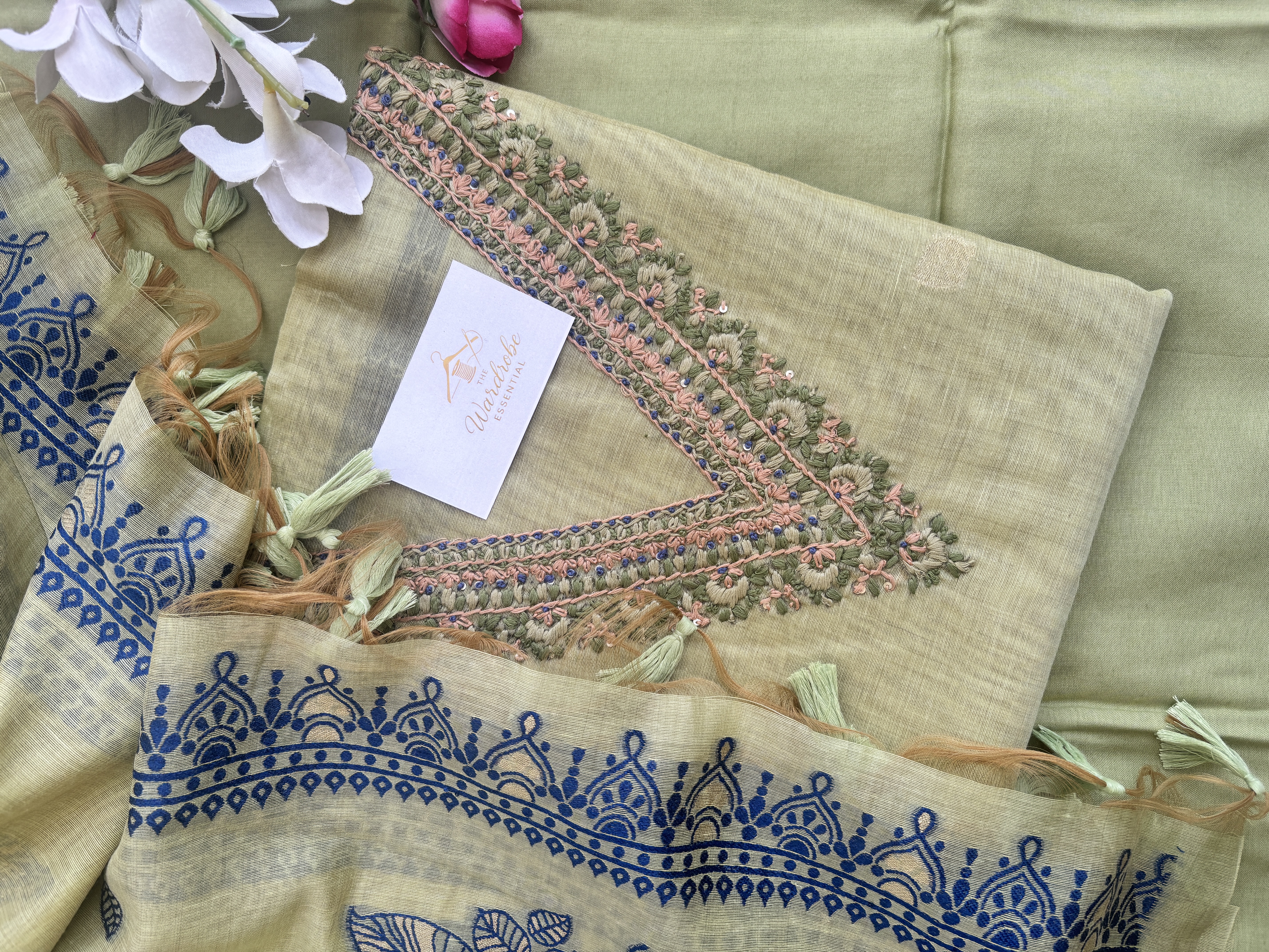 Chanderi silk french knot green suit