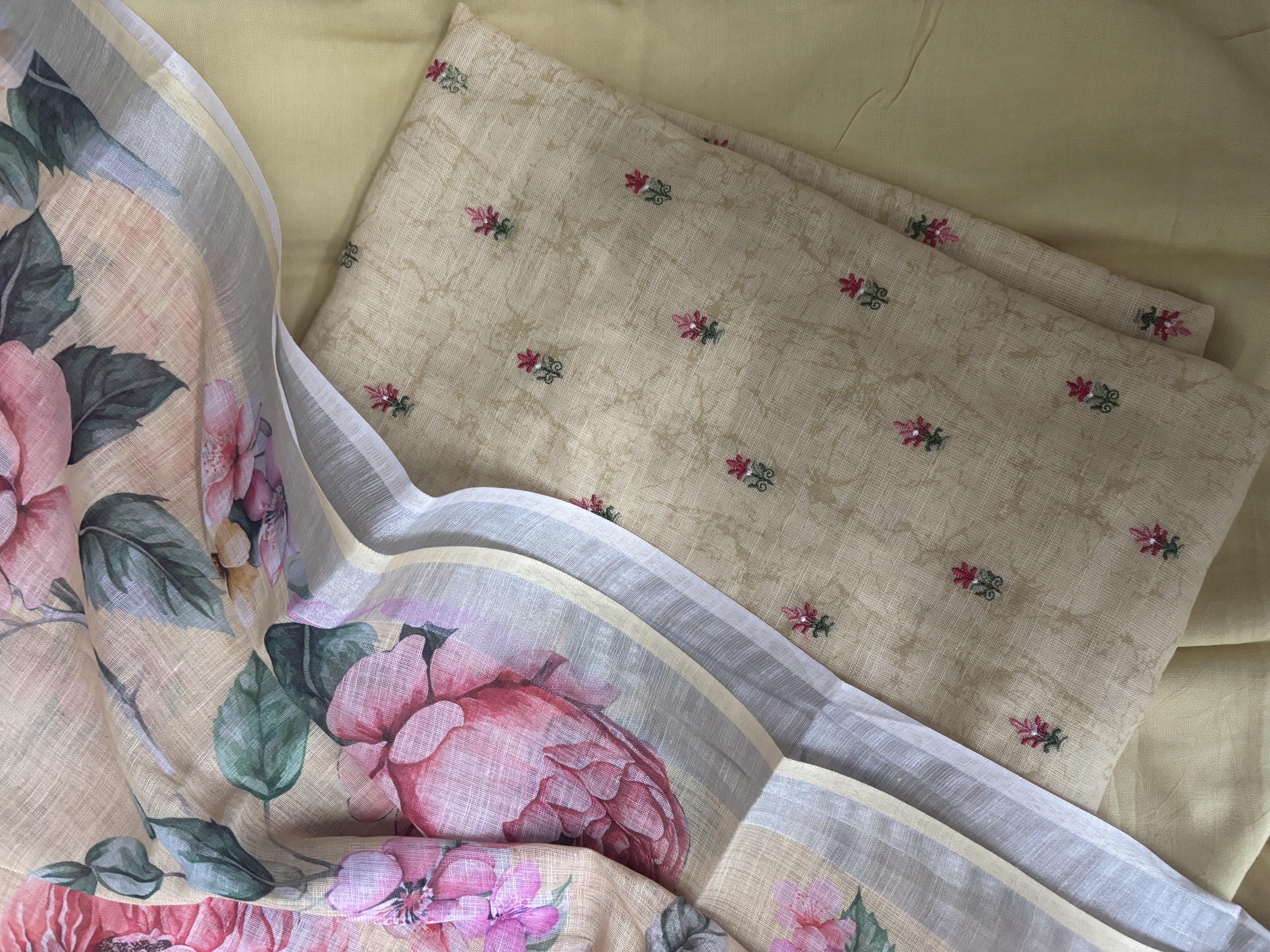 Floral Linen embroidery butti suit set