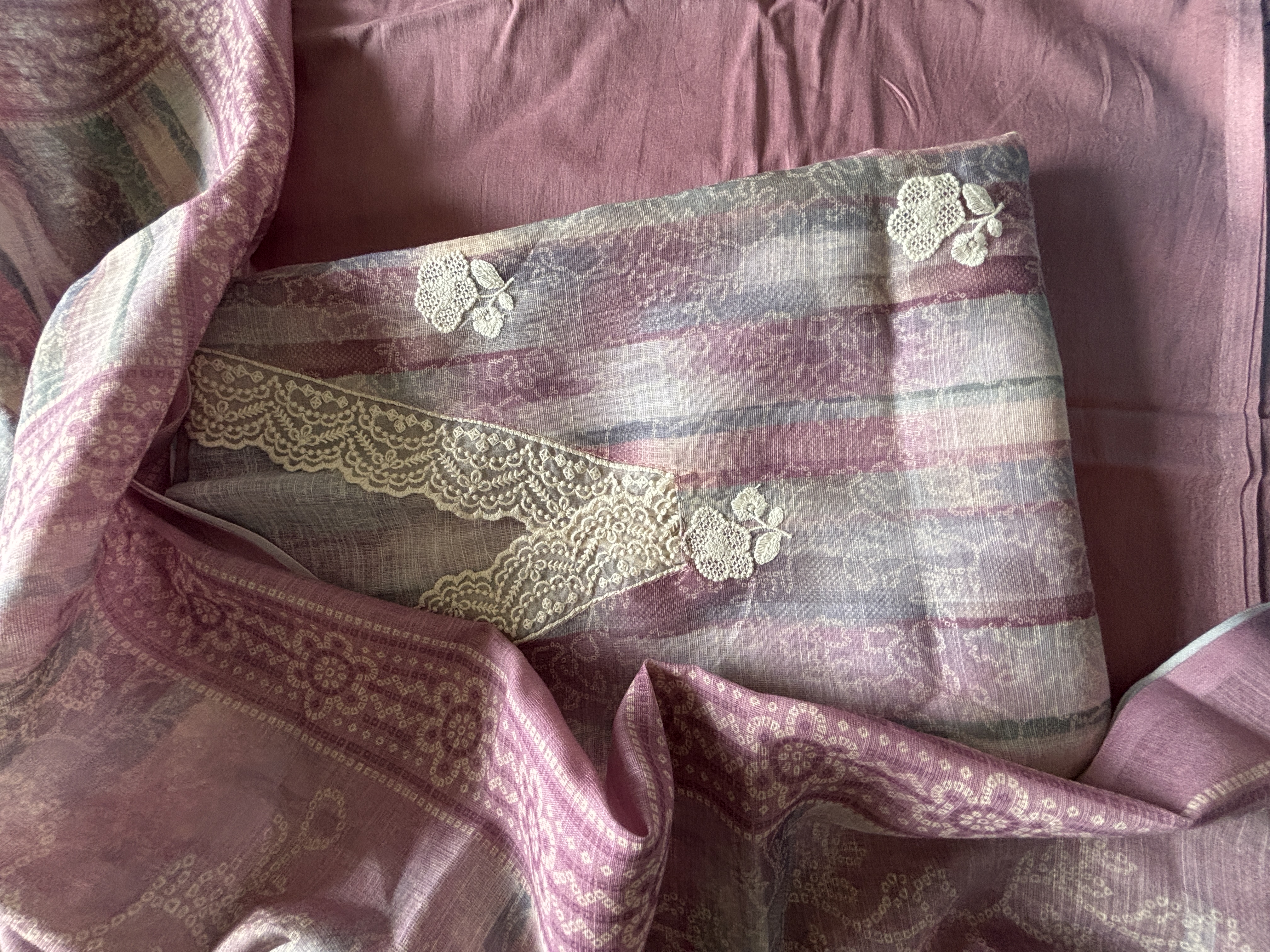 Linen crochet lace pink suit