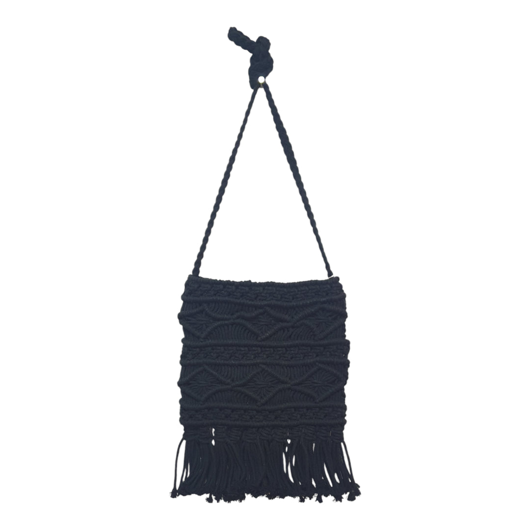 Handmade Black Macrame Sling Bag with Boho Fringe 