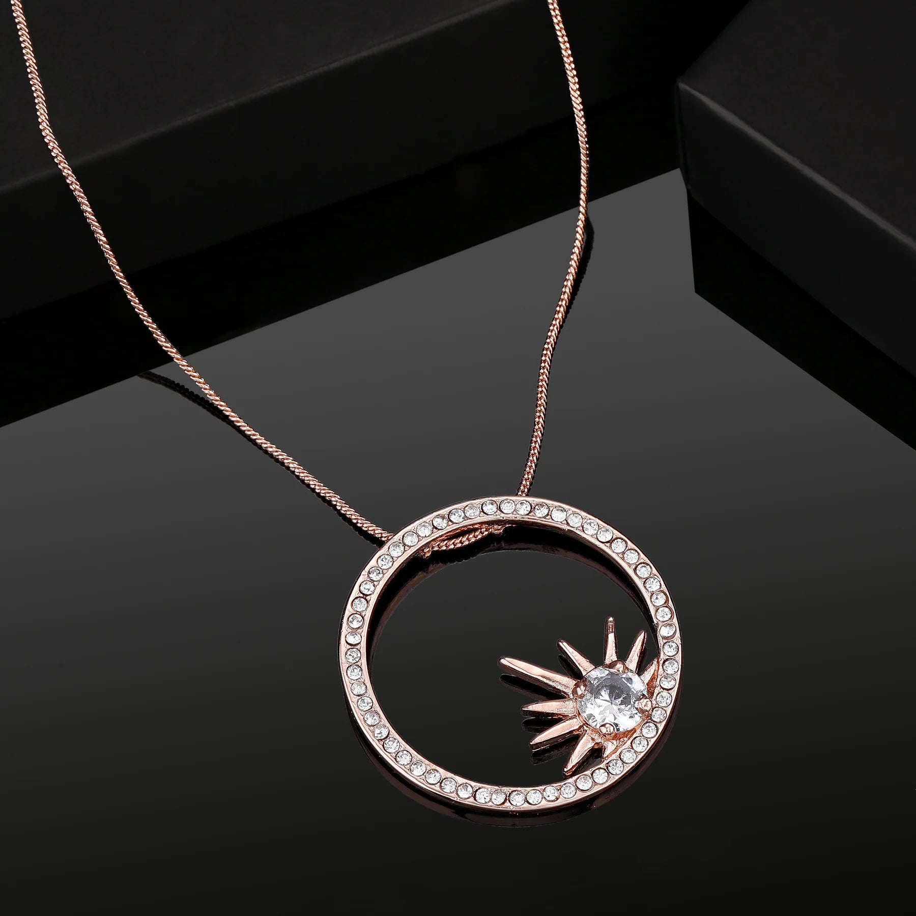 Rose Gold plated Sunburst Crystal Pendant Necklace