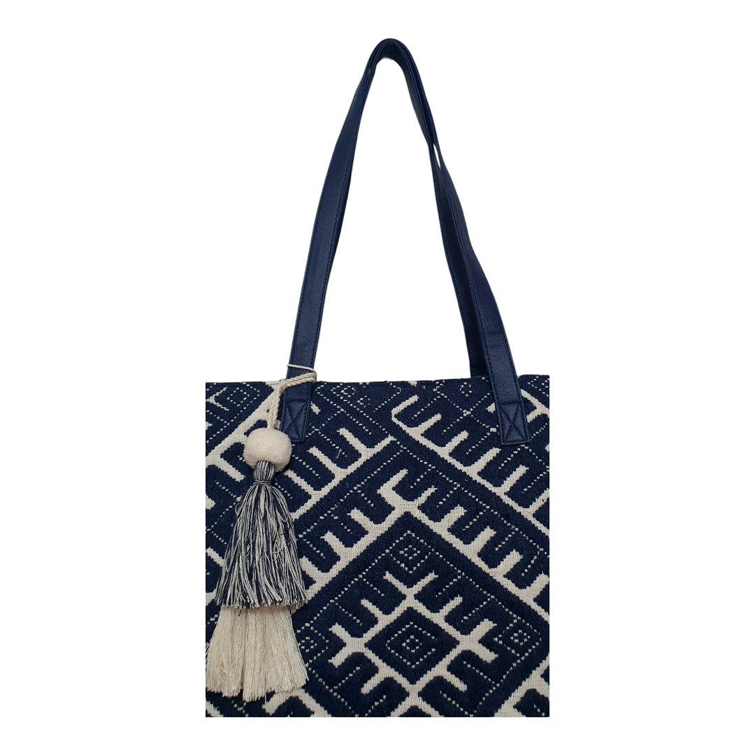 Boho Chic Canvas Tote Bag with Geometric Print and Tassel Charm