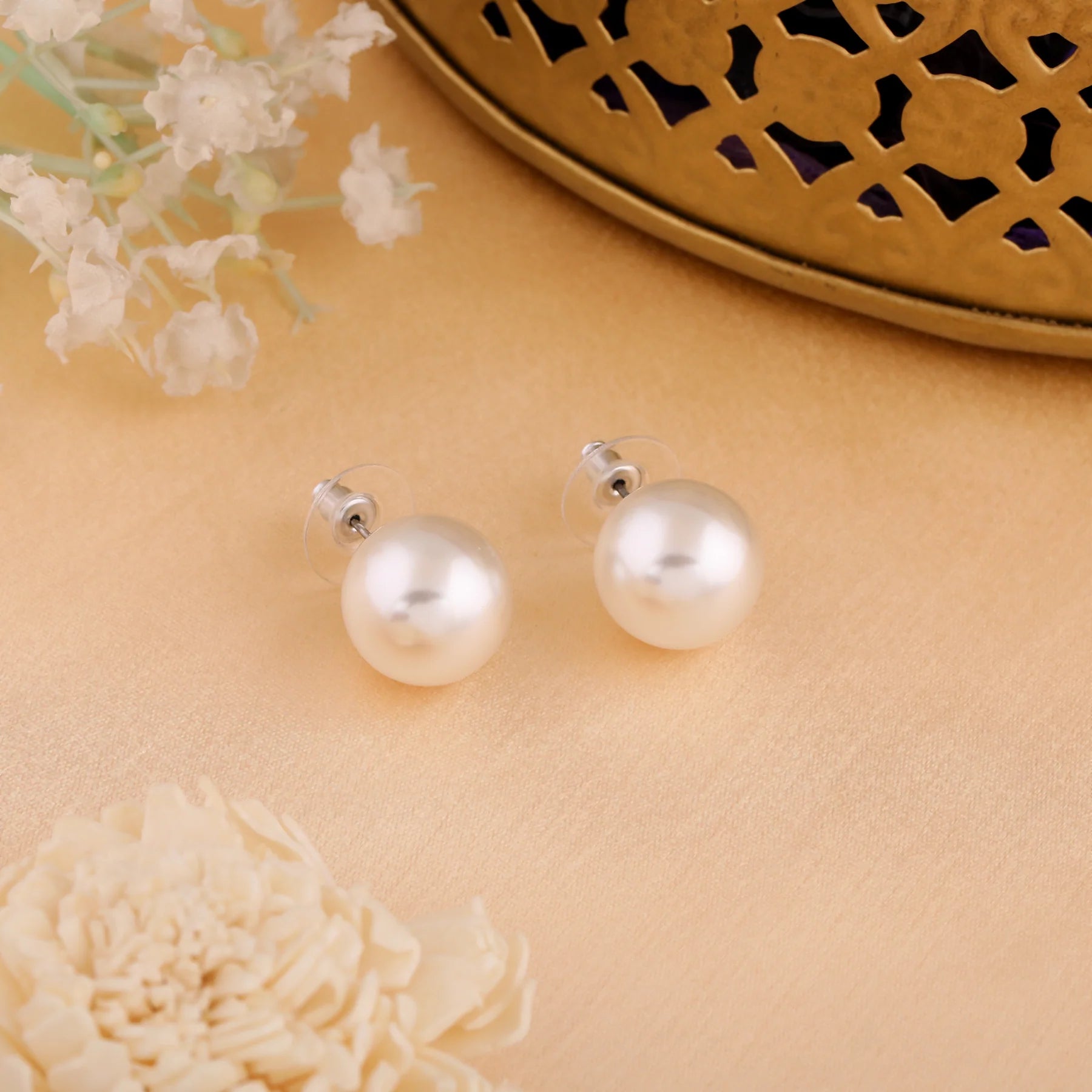 Rhodium Plated Shimmering Pearl Stud Earrings - White