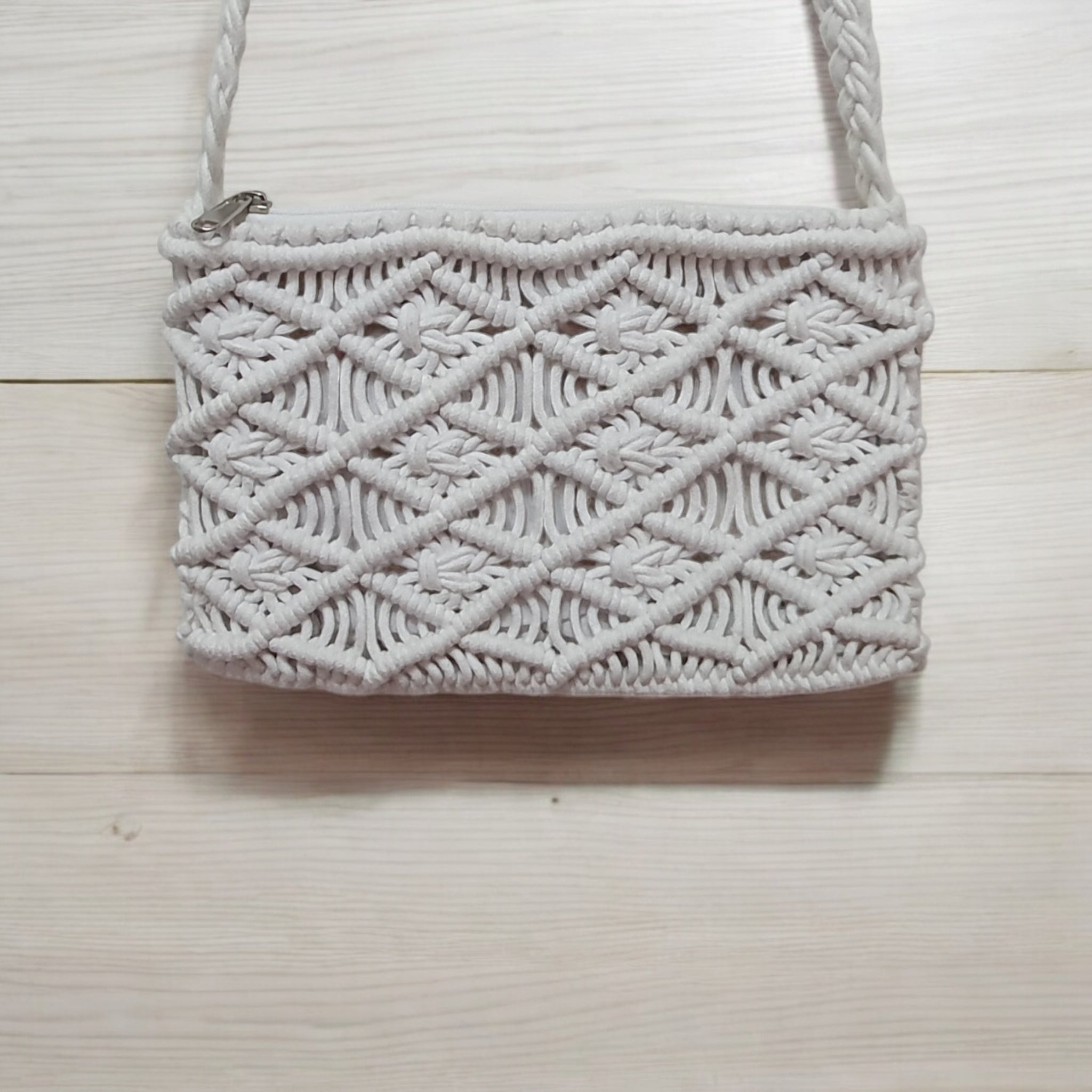 Handcrafted Macrame Crossbody Bag with Tassel - Light Grey