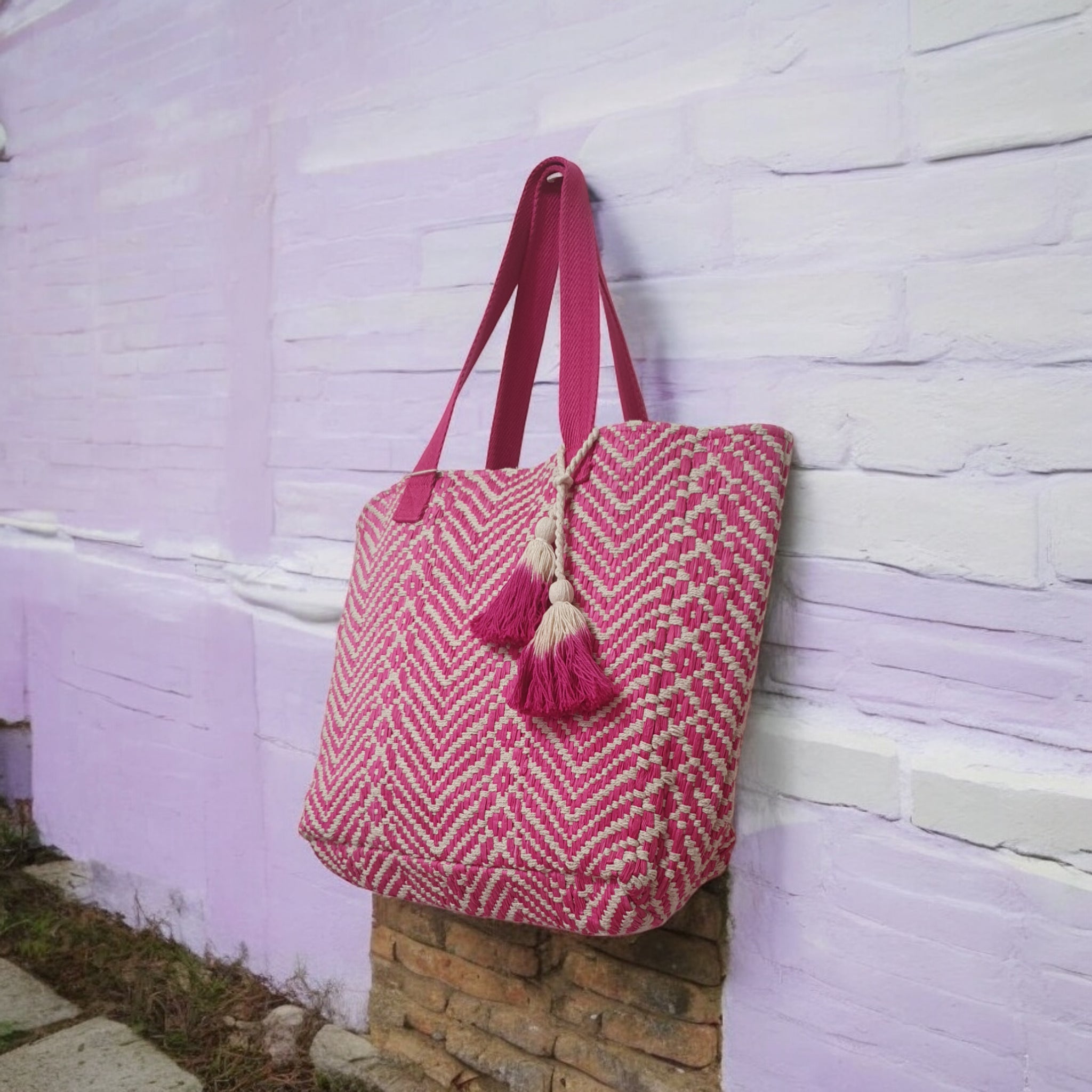 Handloom Raffia Tote Bag with Ombre Tassels
