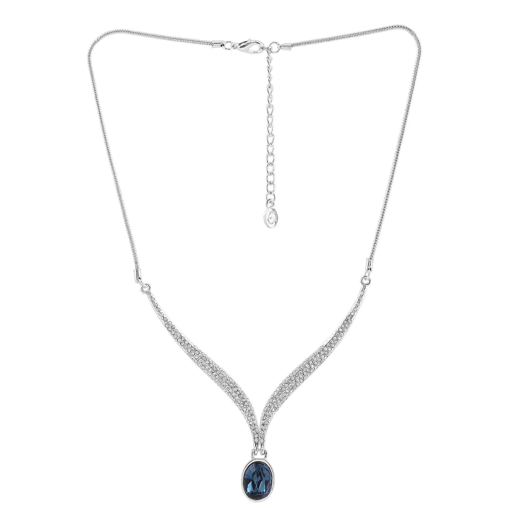Rhodium-Plated Blue Gemstone Zirconia Necklace & Earrings Set