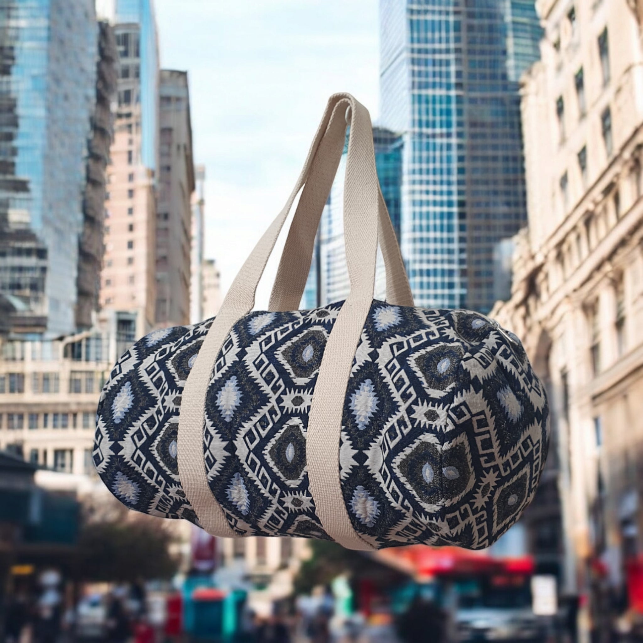 Boho Tribal Print Canvas Duffle Bag, Ethnic Pattern Travel, Gym & Weekend Bag with Beige Handles