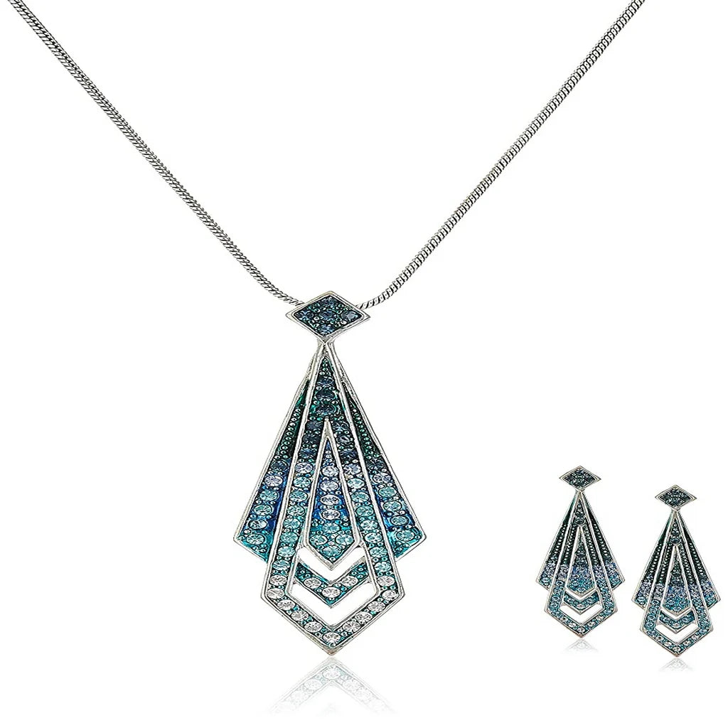 Rhodium Plated Blue Art Deco Necklace and Earrings Set 