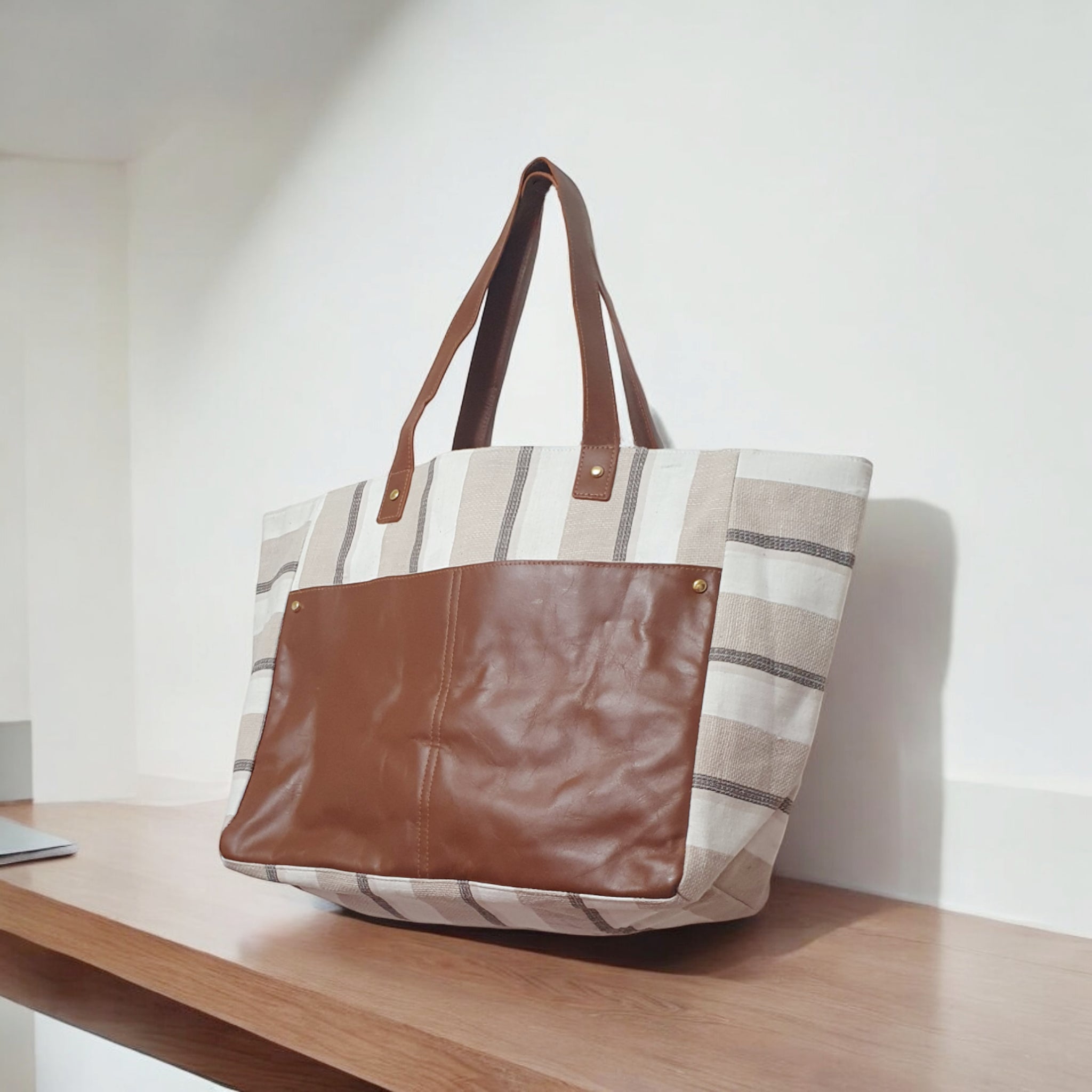 Striped Canvas Tote Bag with Faux Leather Pocket