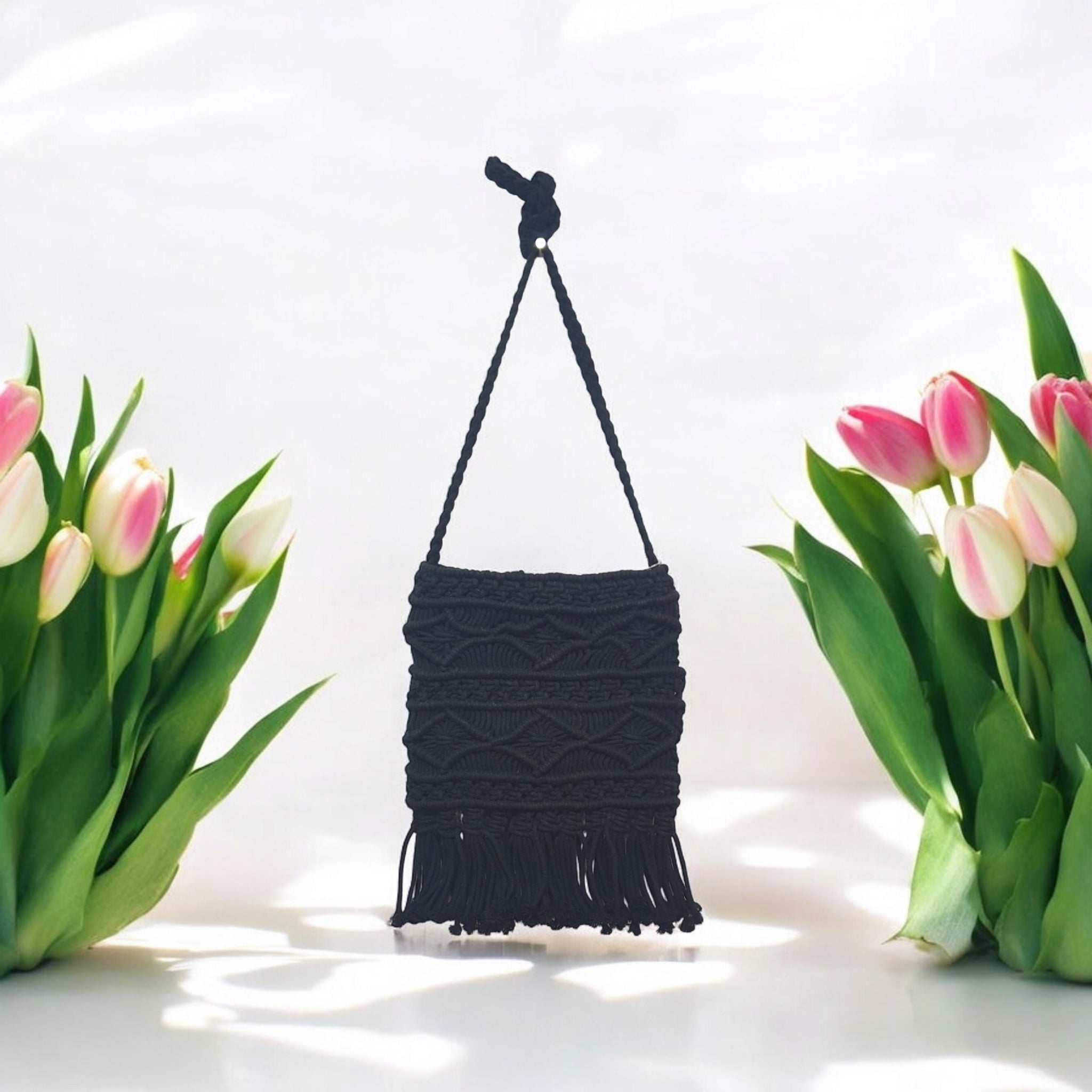 Handmade Black Macrame Sling Bag with Boho Fringe 