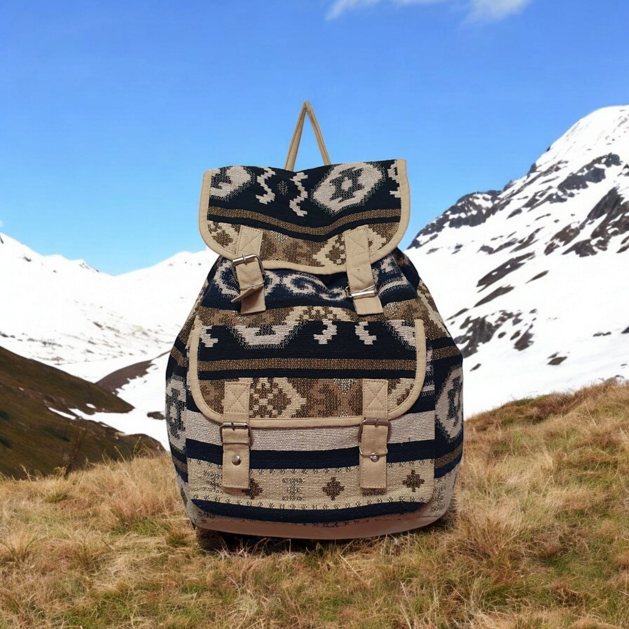 Boho Tribal Canvas Backpack  Ethnic Print Rucksack with Buckle Straps for Travel, School & Daily Use