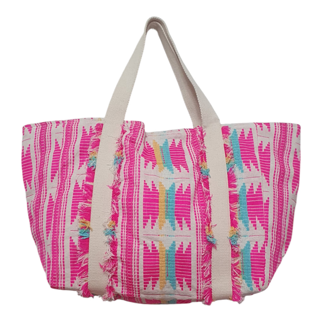 Neon Pink Jacquard Tote Bag with Fringed Details